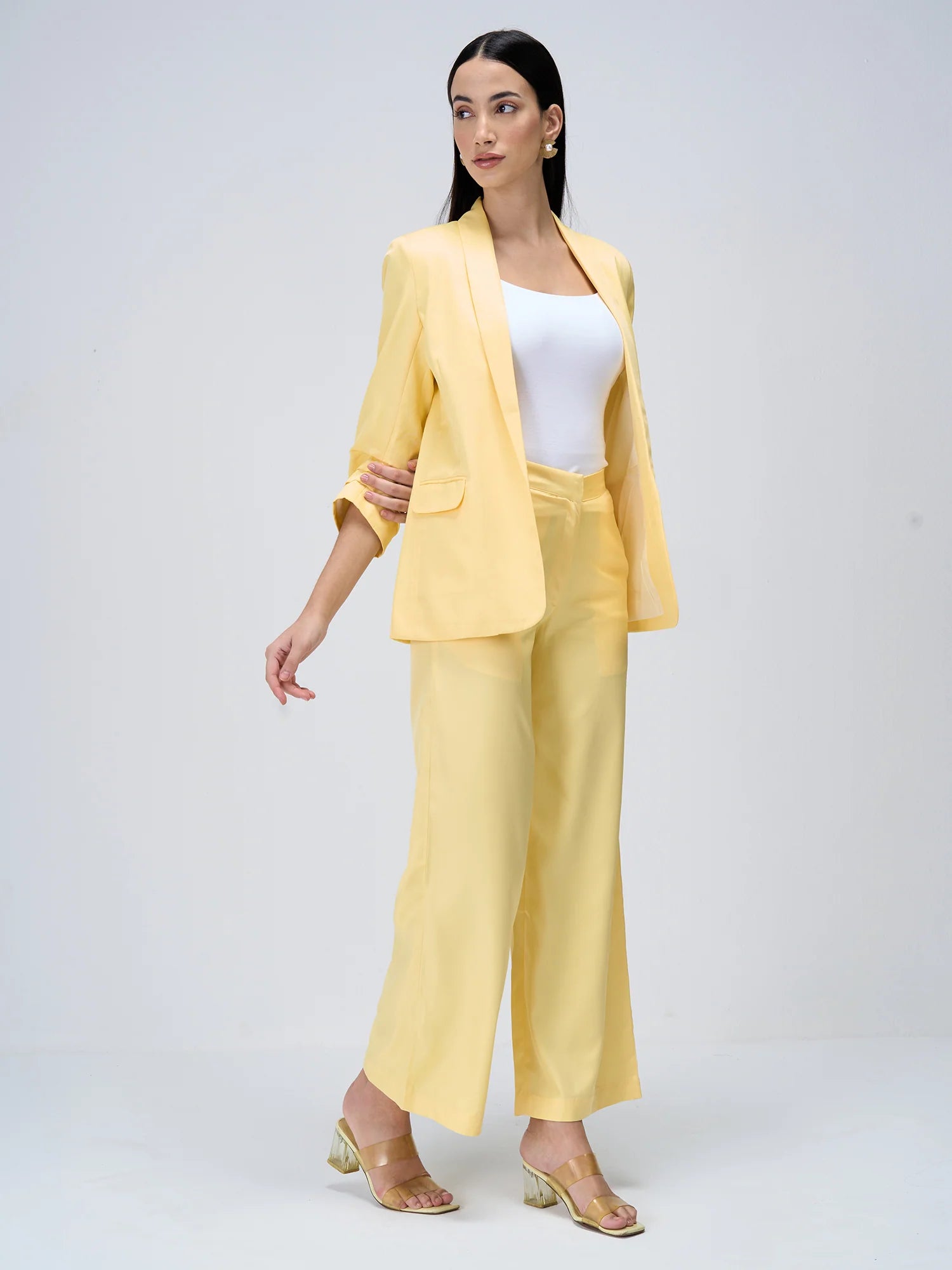 Iconic Ruched Sleeve Blazer-Yellow