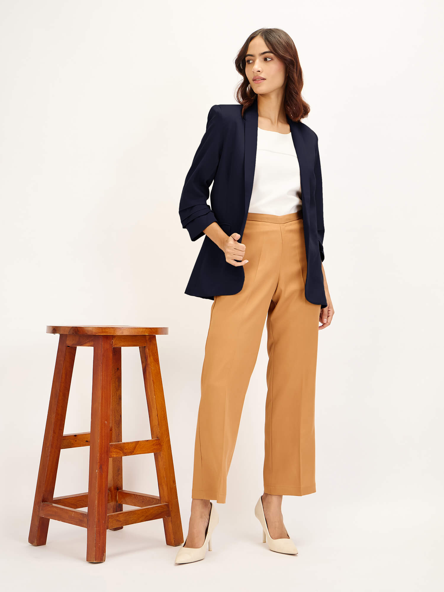 Spunky Ruched Sleeve Blazer-Navy