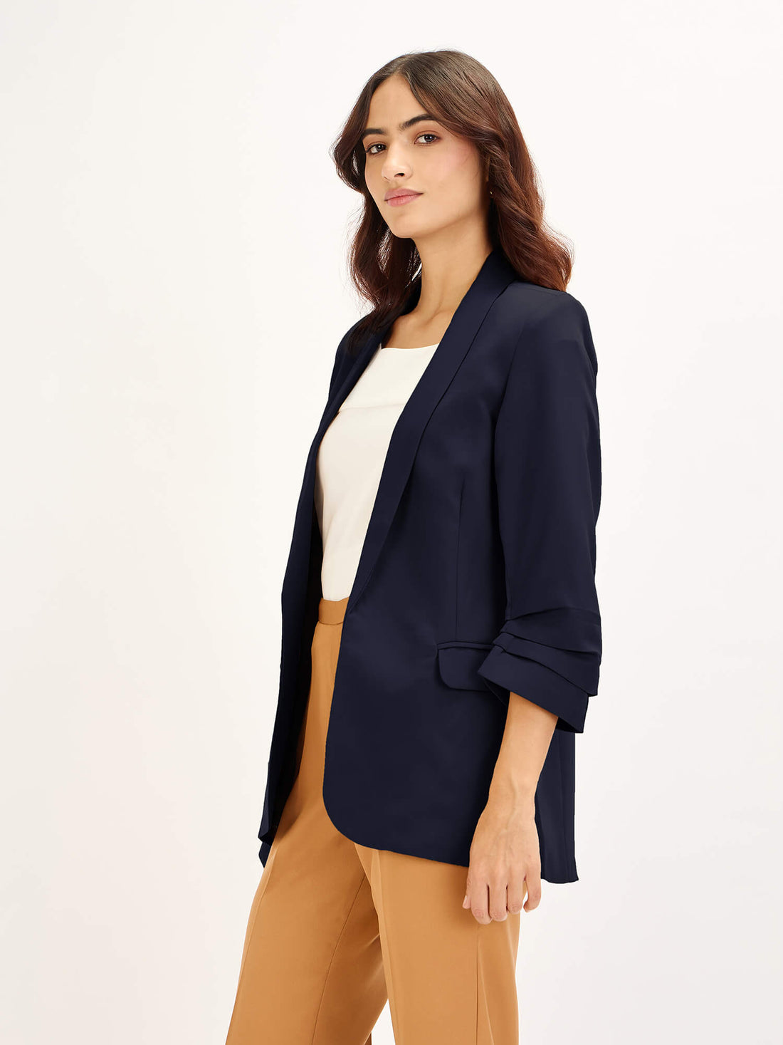 Spunky Ruched Sleeve Blazer-Navy