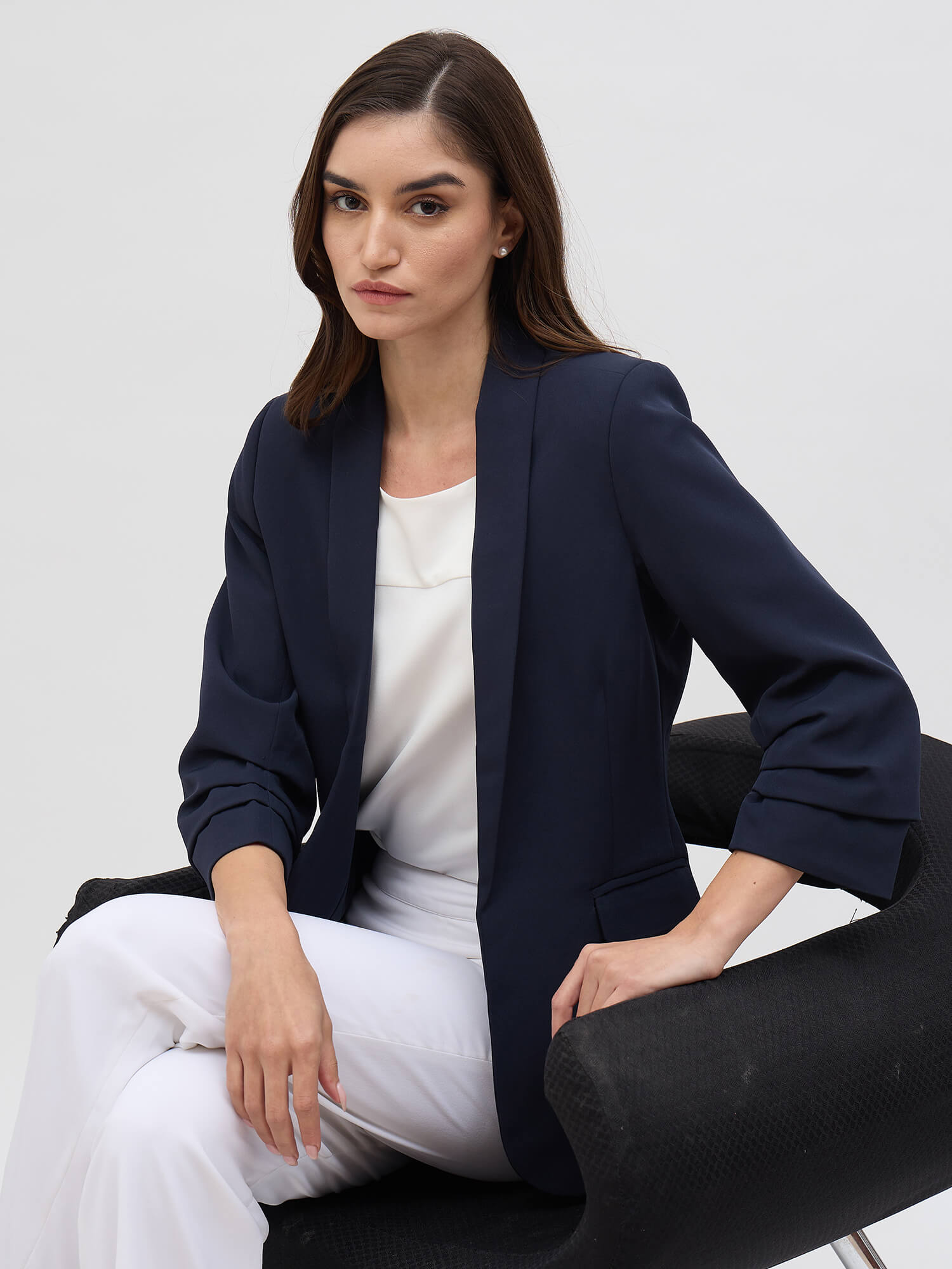 Spunky Ruched Sleeve Blazer-Navy