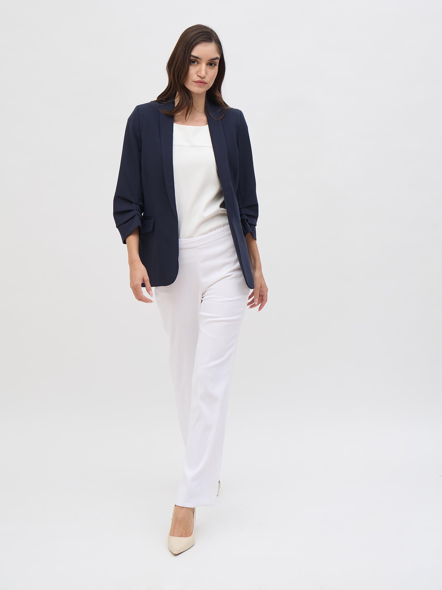 Spunky Ruched Sleeve Blazer-Navy