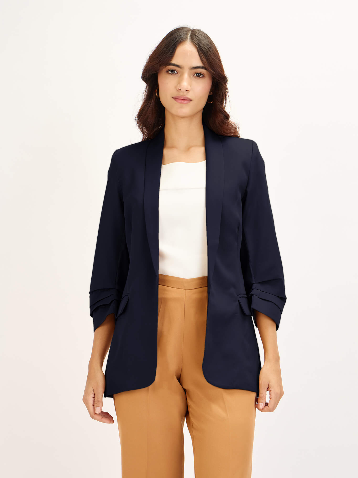 Spunky Ruched Sleeve Blazer-Navy