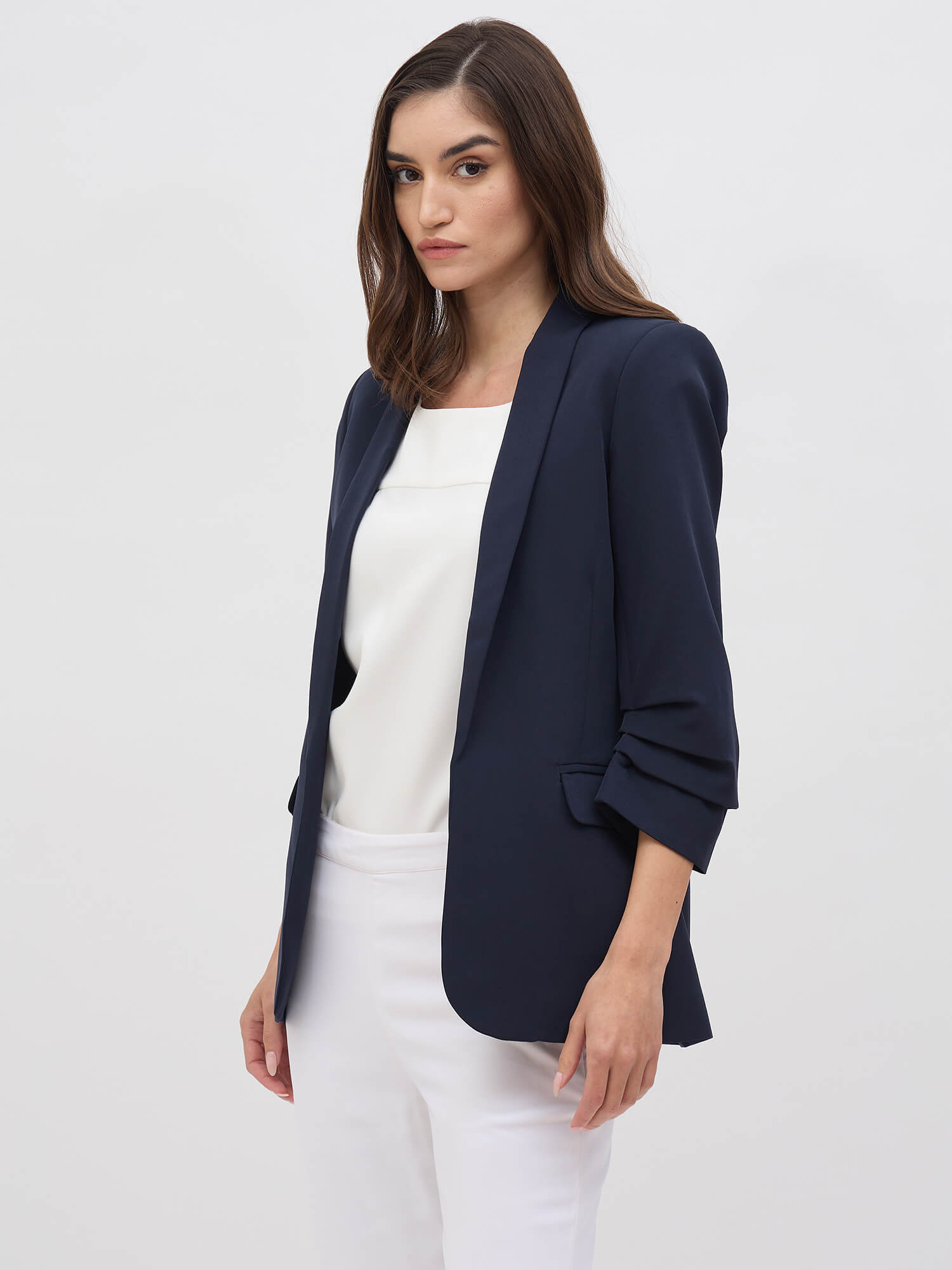 Spunky Ruched Sleeve Blazer-Navy