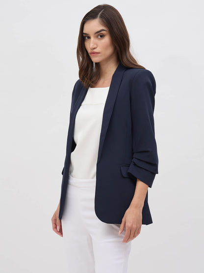 Spunky Ruched Sleeve Blazer-Navy