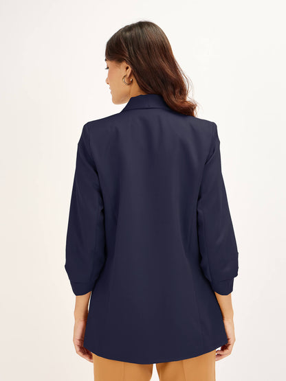 Spunky Ruched Sleeve Blazer-Navy