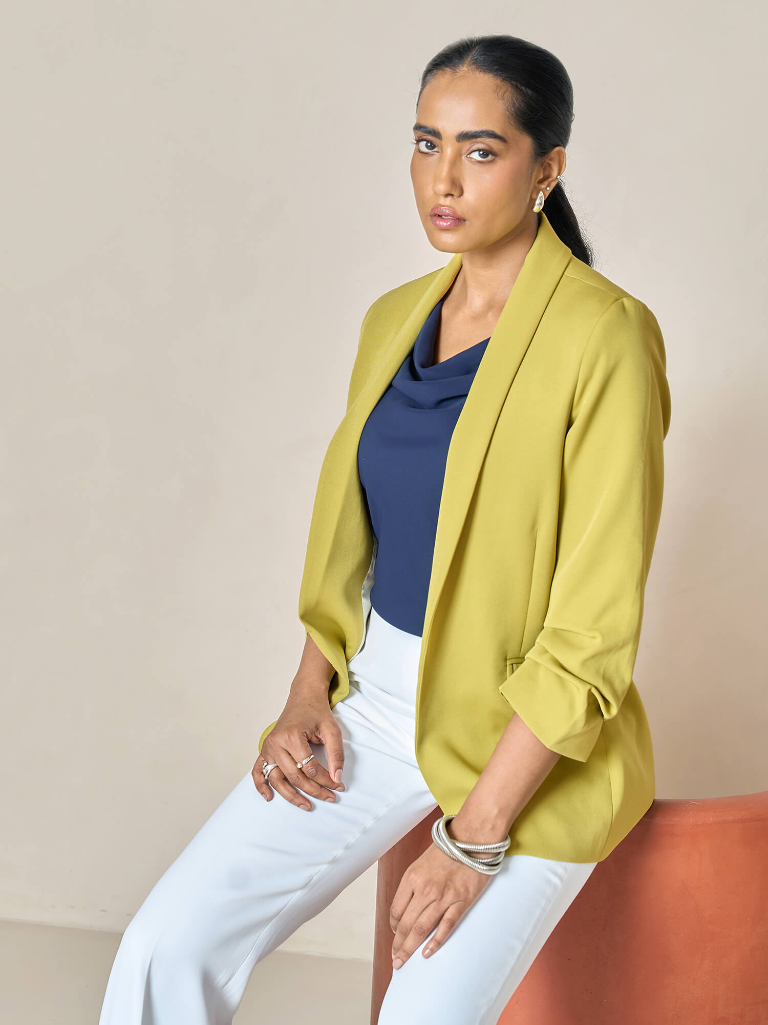 Spunky Ruched Sleeve Blazer-Lime