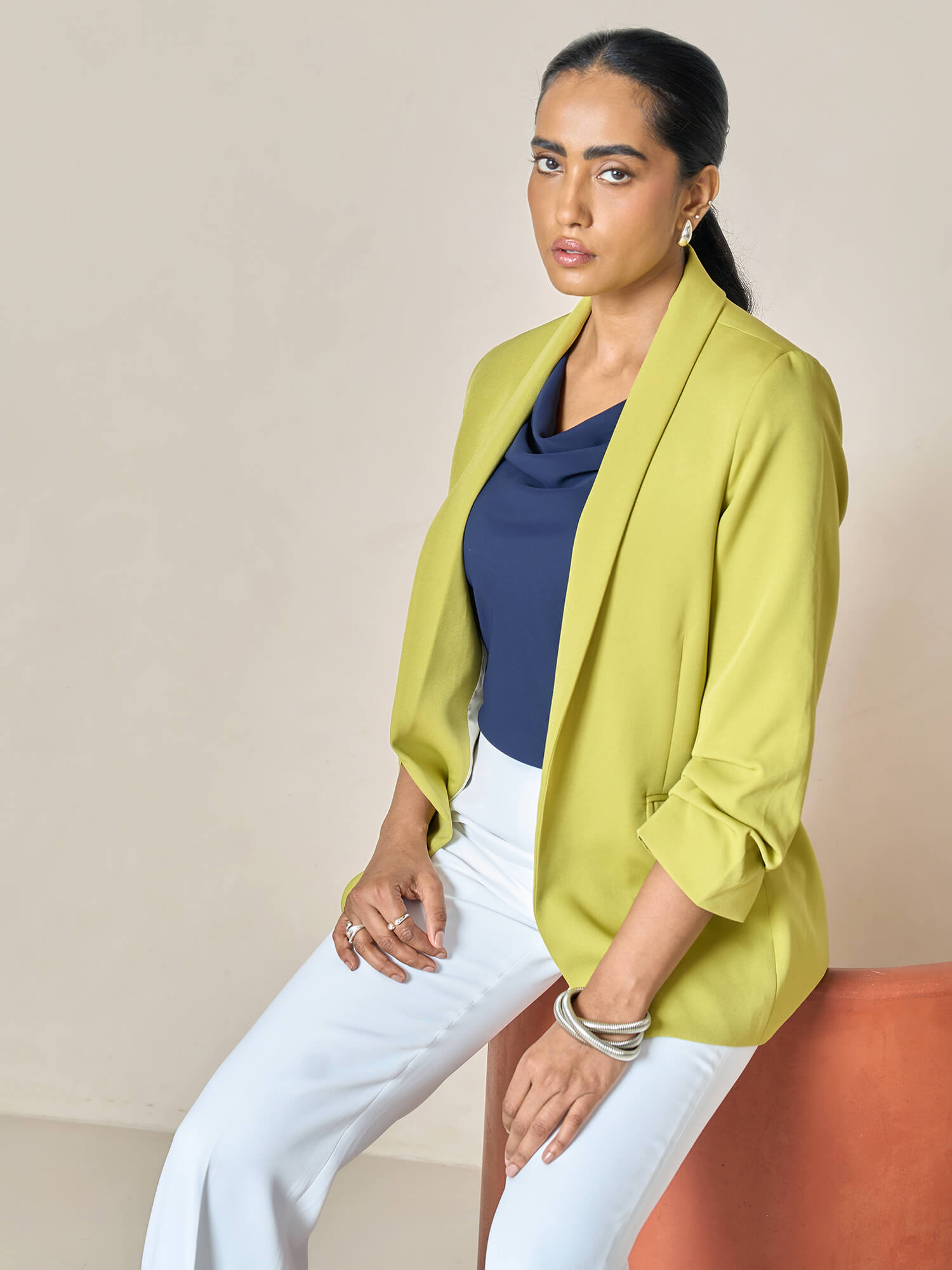 Spunky Ruched Sleeve Blazer-Lime Punch