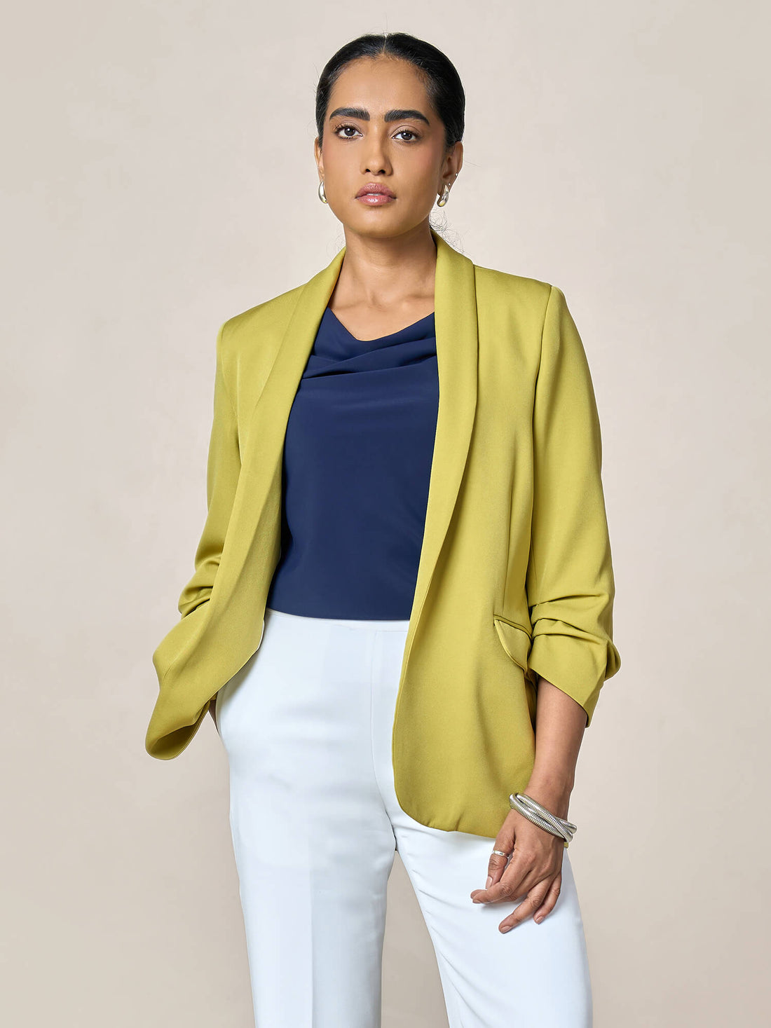 Spunky Ruched Sleeve Blazer-Lime