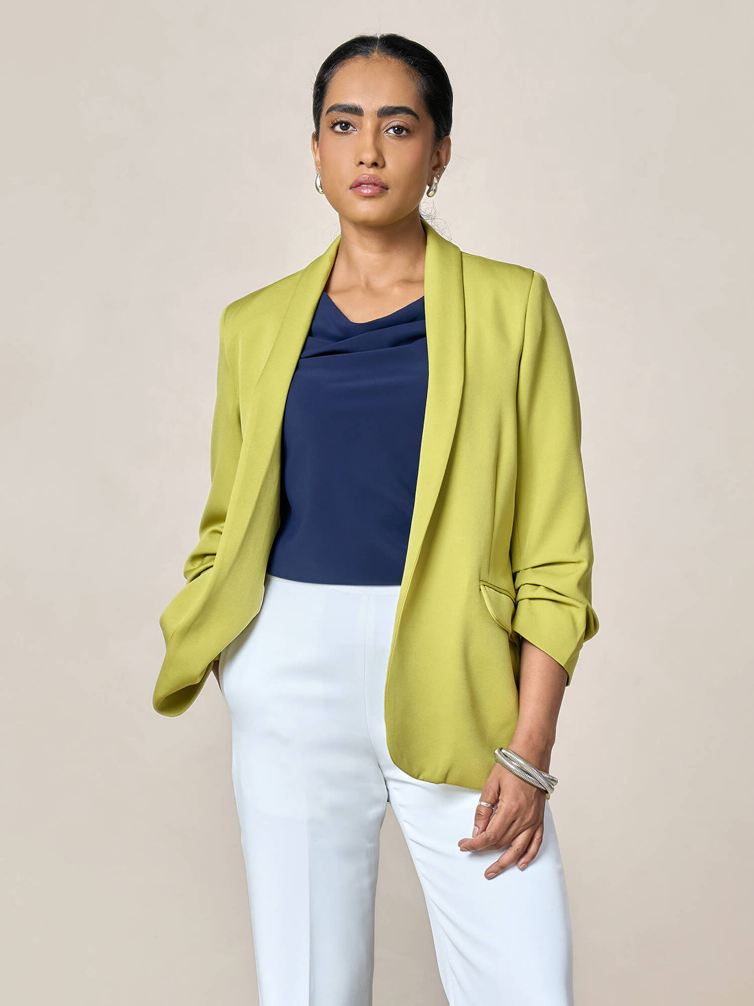 Spunky Ruched Sleeve Blazer-Lime