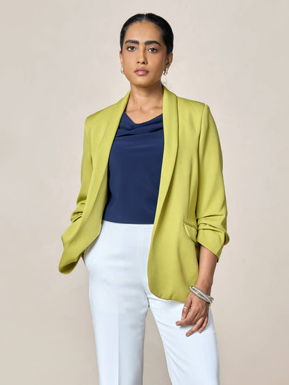 Spunky Ruched Sleeve Blazer-Lime