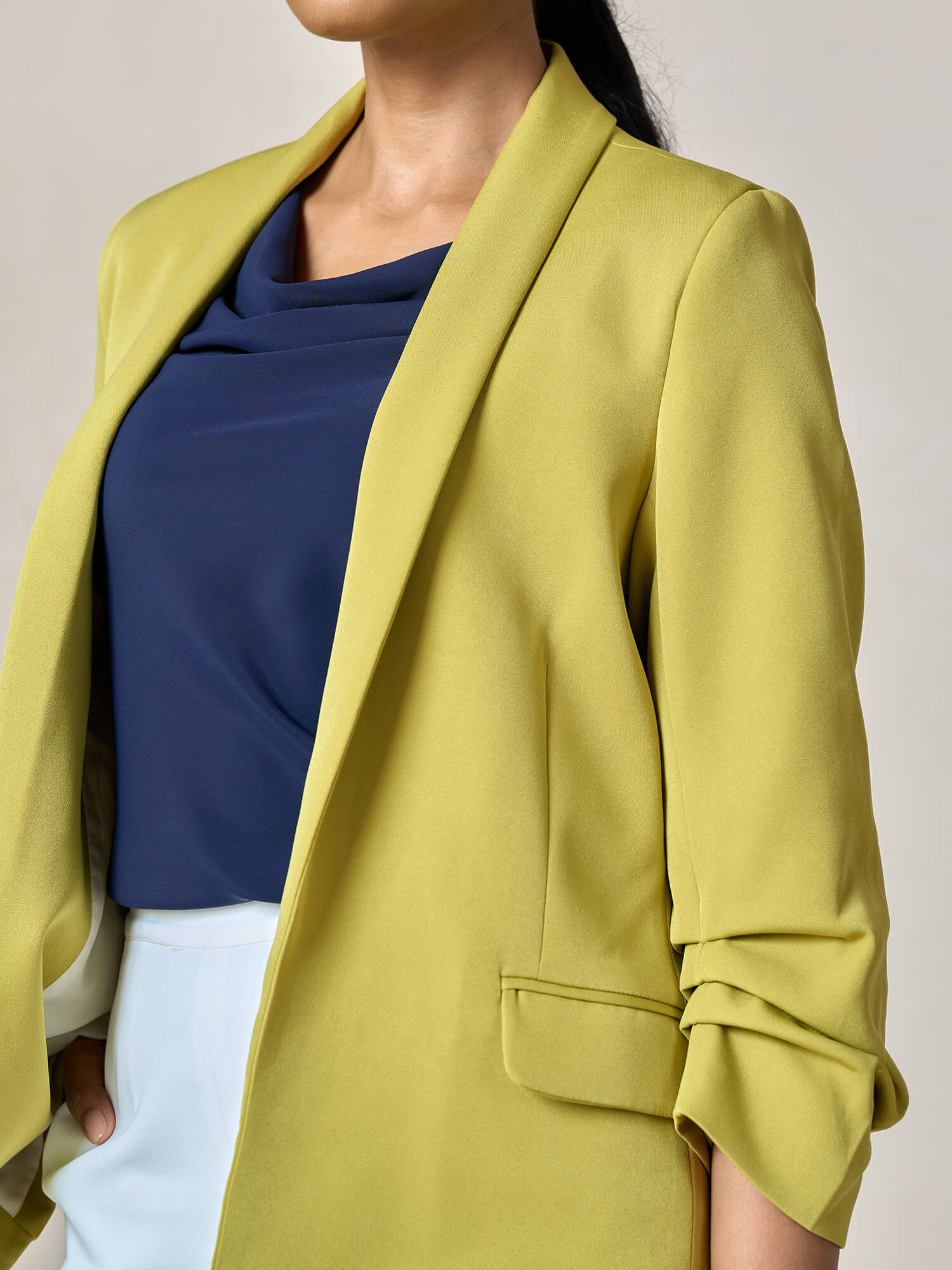 Spunky Ruched Sleeve Blazer-Lime