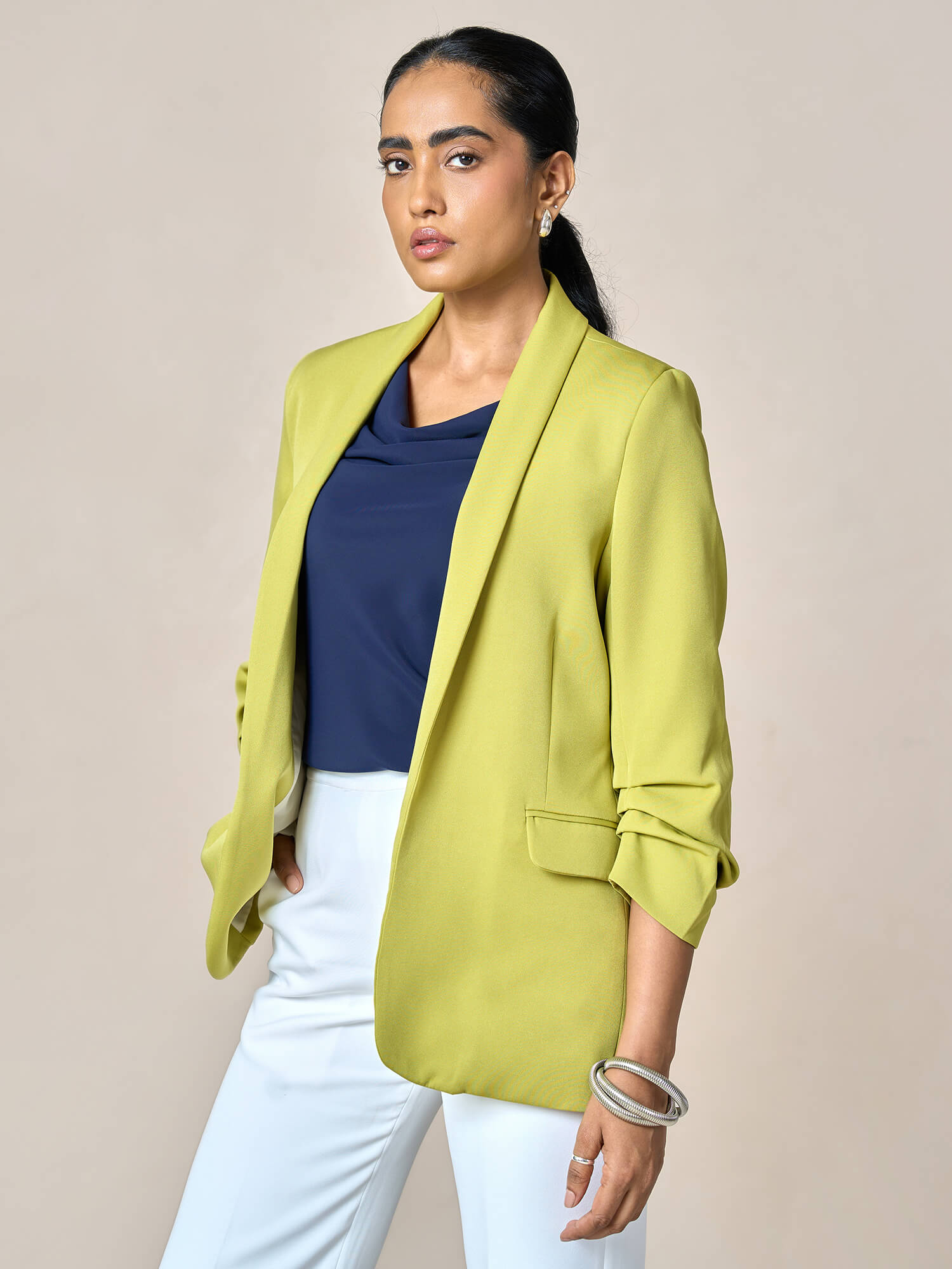 Spunky Ruched Sleeve Blazer-Lime Punch