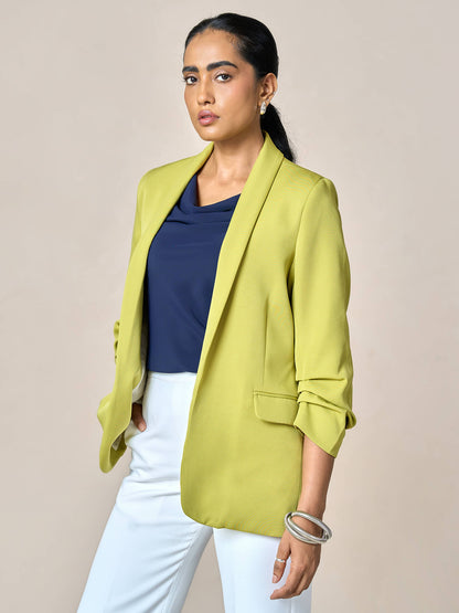 Spunky Ruched Sleeve Blazer-Lime Punch
