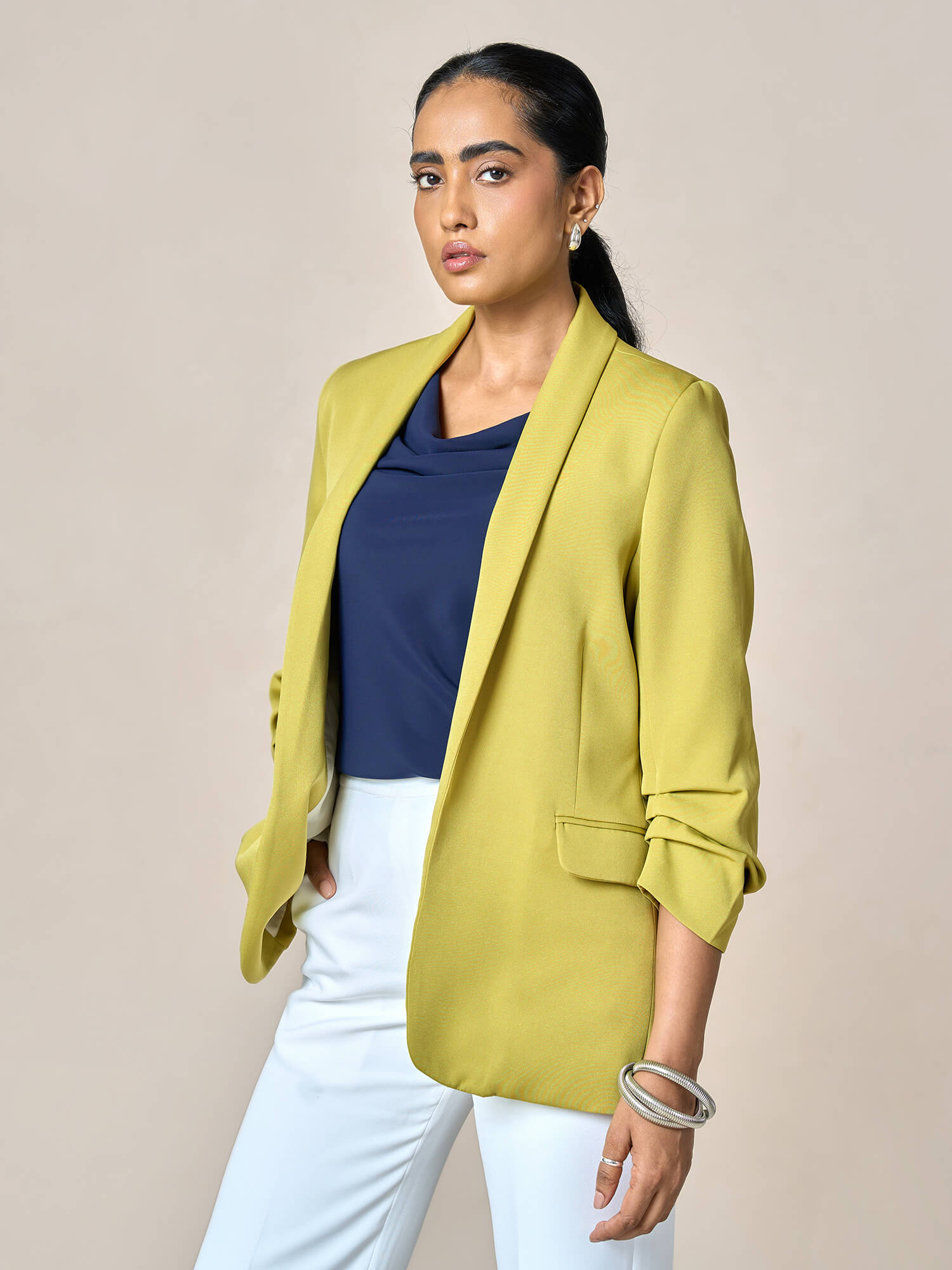 Spunky Ruched Sleeve Blazer-Lime