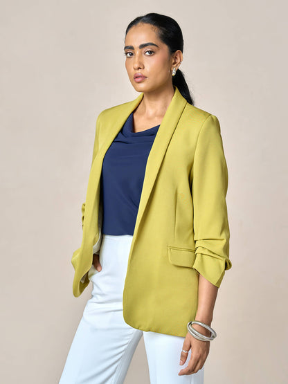 Spunky Ruched Sleeve Blazer-Lime