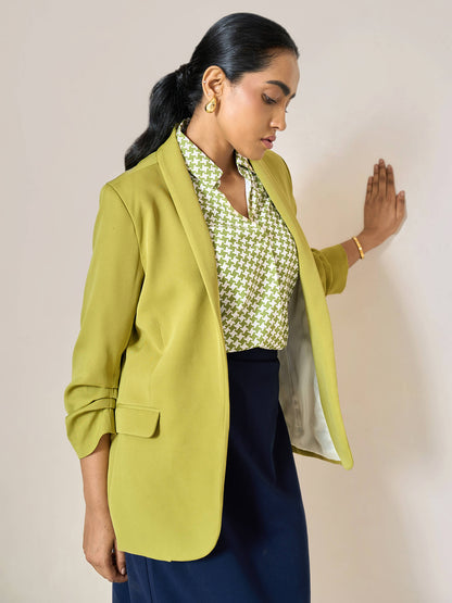 Spunky Ruched Sleeve Blazer-Lime