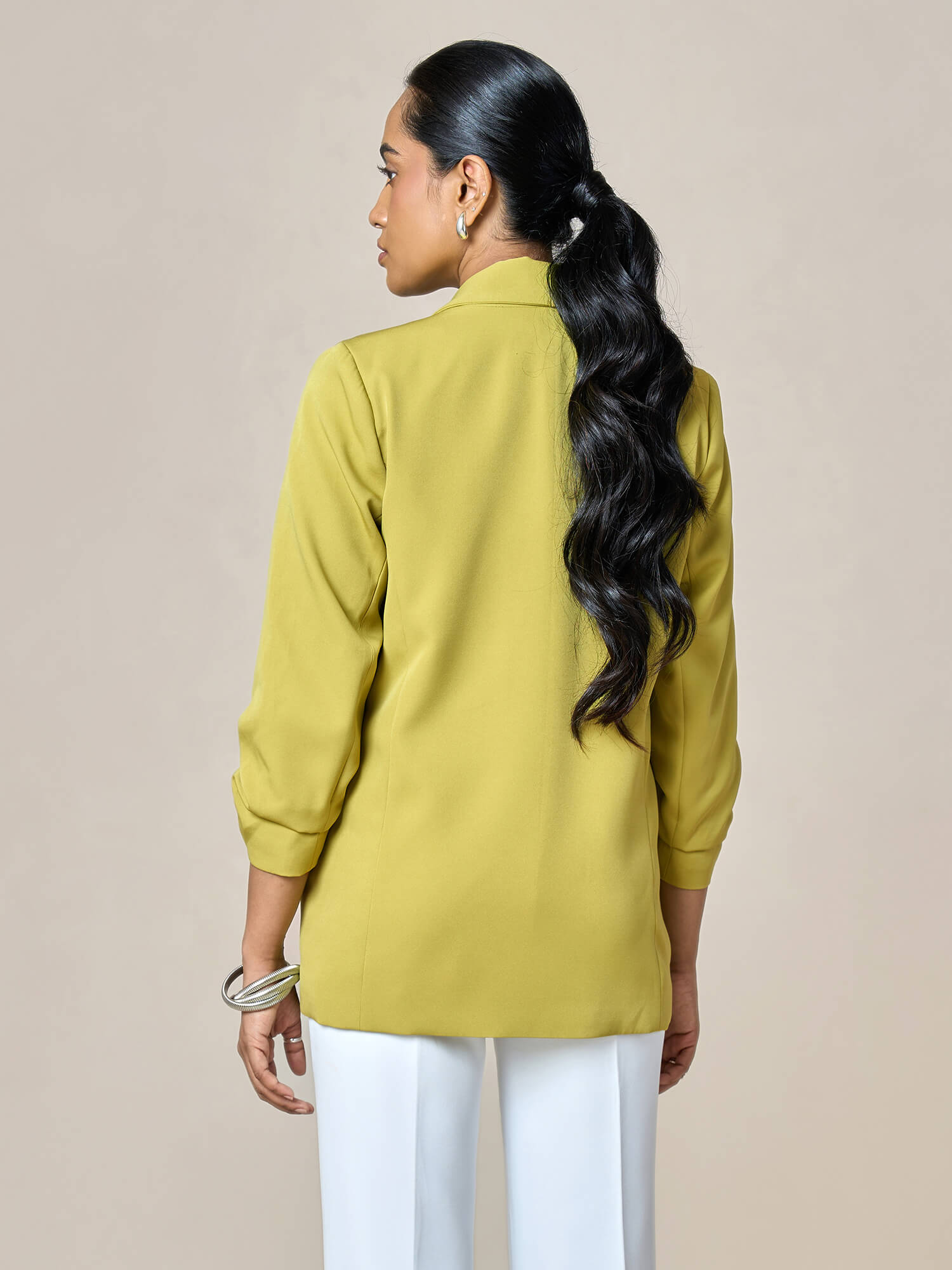 Spunky Ruched Sleeve Blazer-Lime