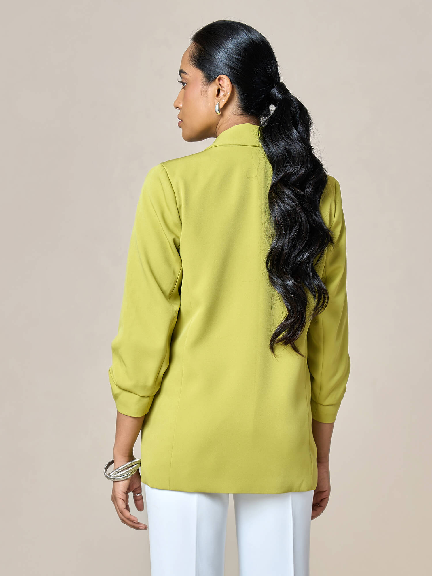 Spunky Ruched Sleeve Blazer-Lime Punch