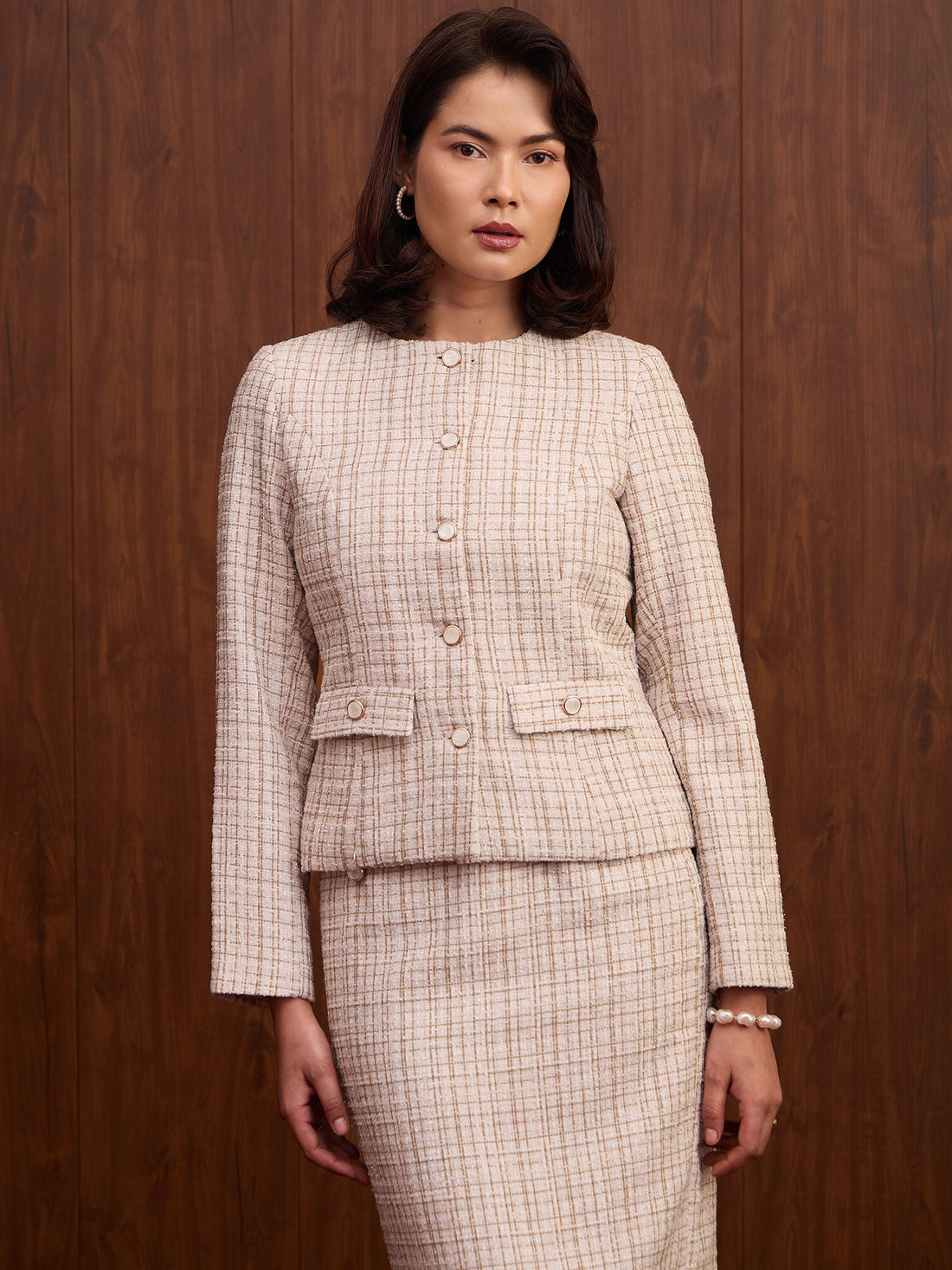 Elara Waist Flap Slim Fit Tweed Blazer-Beige
