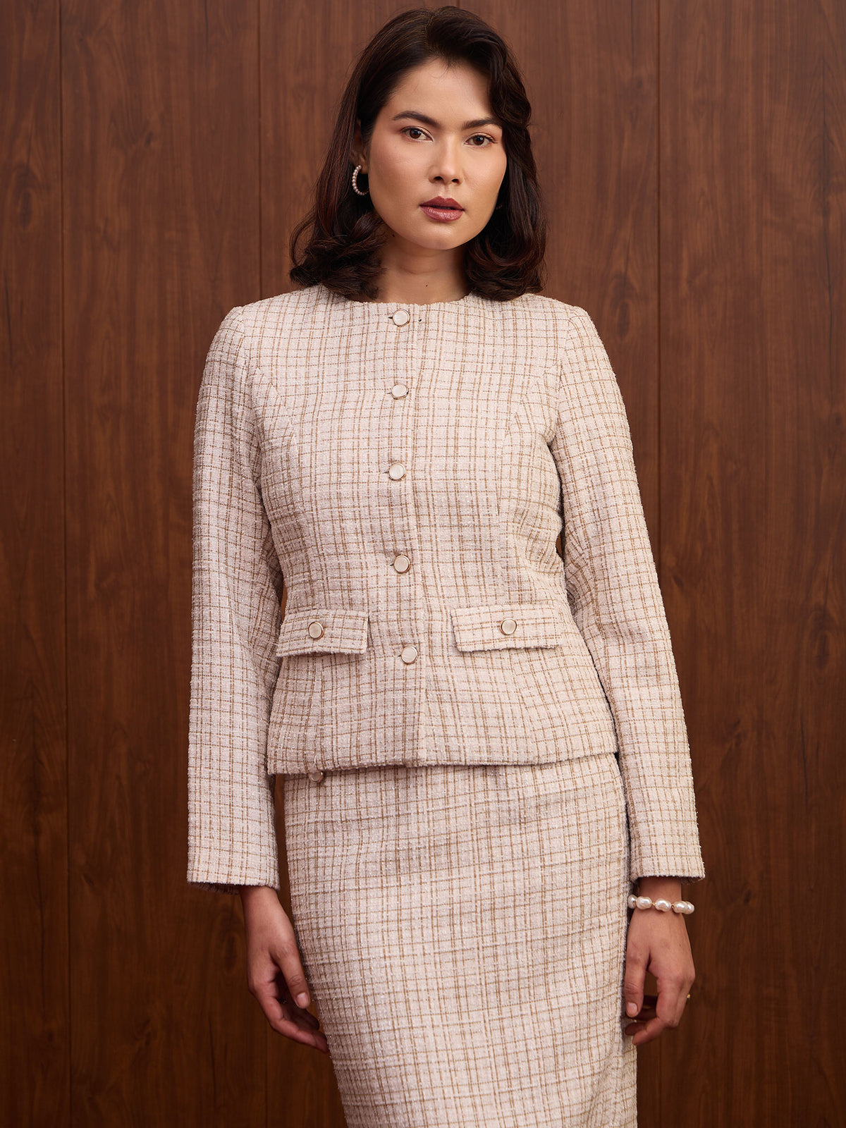 Elara Waist Flap Slim Fit Tweed Blazer-Beige