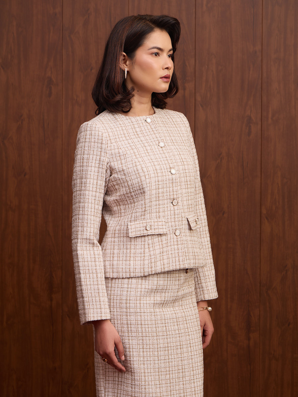 Elara Waist Flap Slim Fit Tweed Blazer-Beige