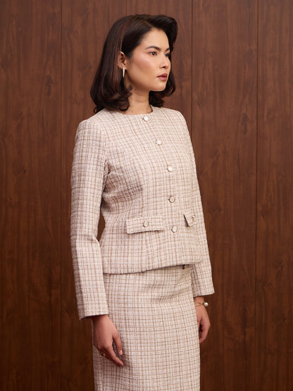 Elara Waist Flap Slim Fit Tweed Blazer-Beige