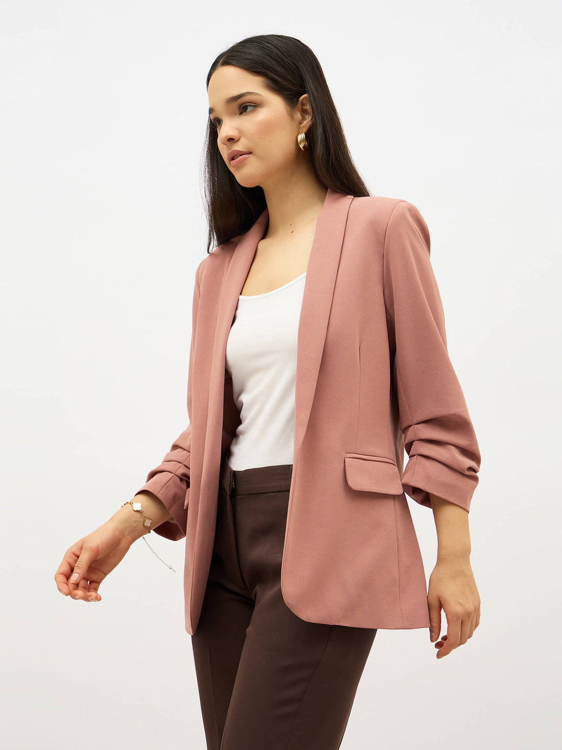 Spunky Ruched Sleeve Blazer-Dusty Pink