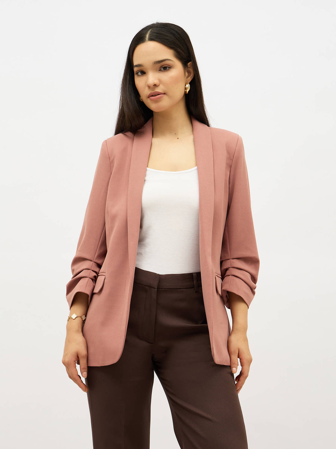 Spunky Ruched Sleeve Blazer-Dusty Pink