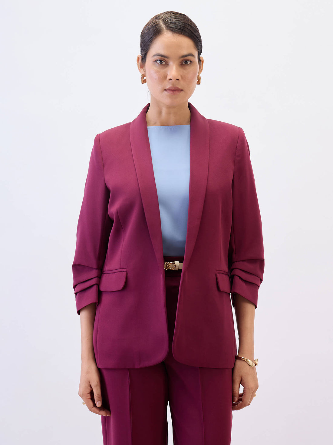 Spunky Ruched Sleeve Blazer-Wine