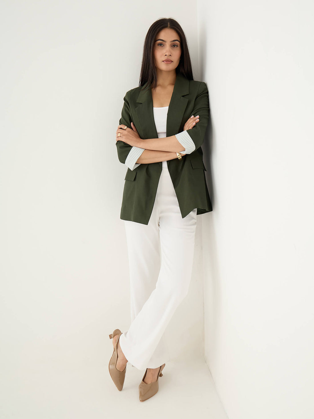 Zephyr Rolled-Up Sleeves Blazer-Forest Green