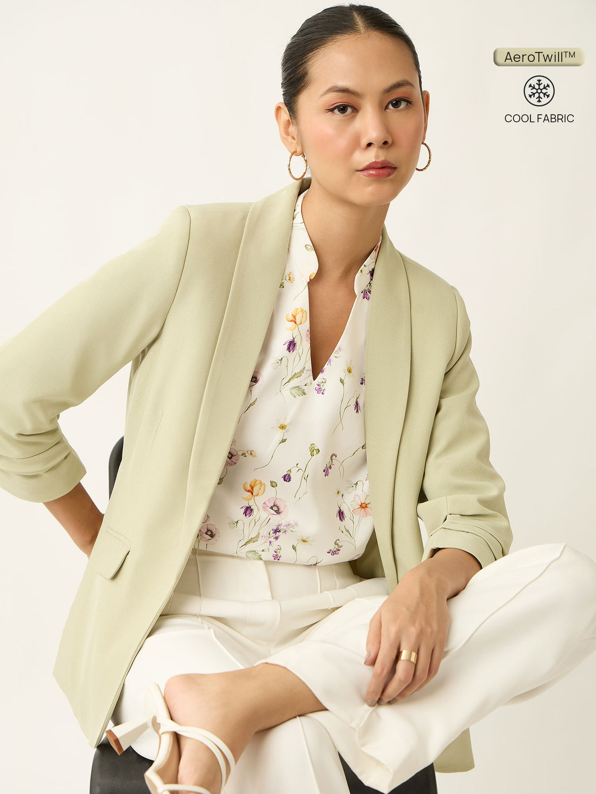 Spunky Ruched Sleeve Blazer-Mint Green