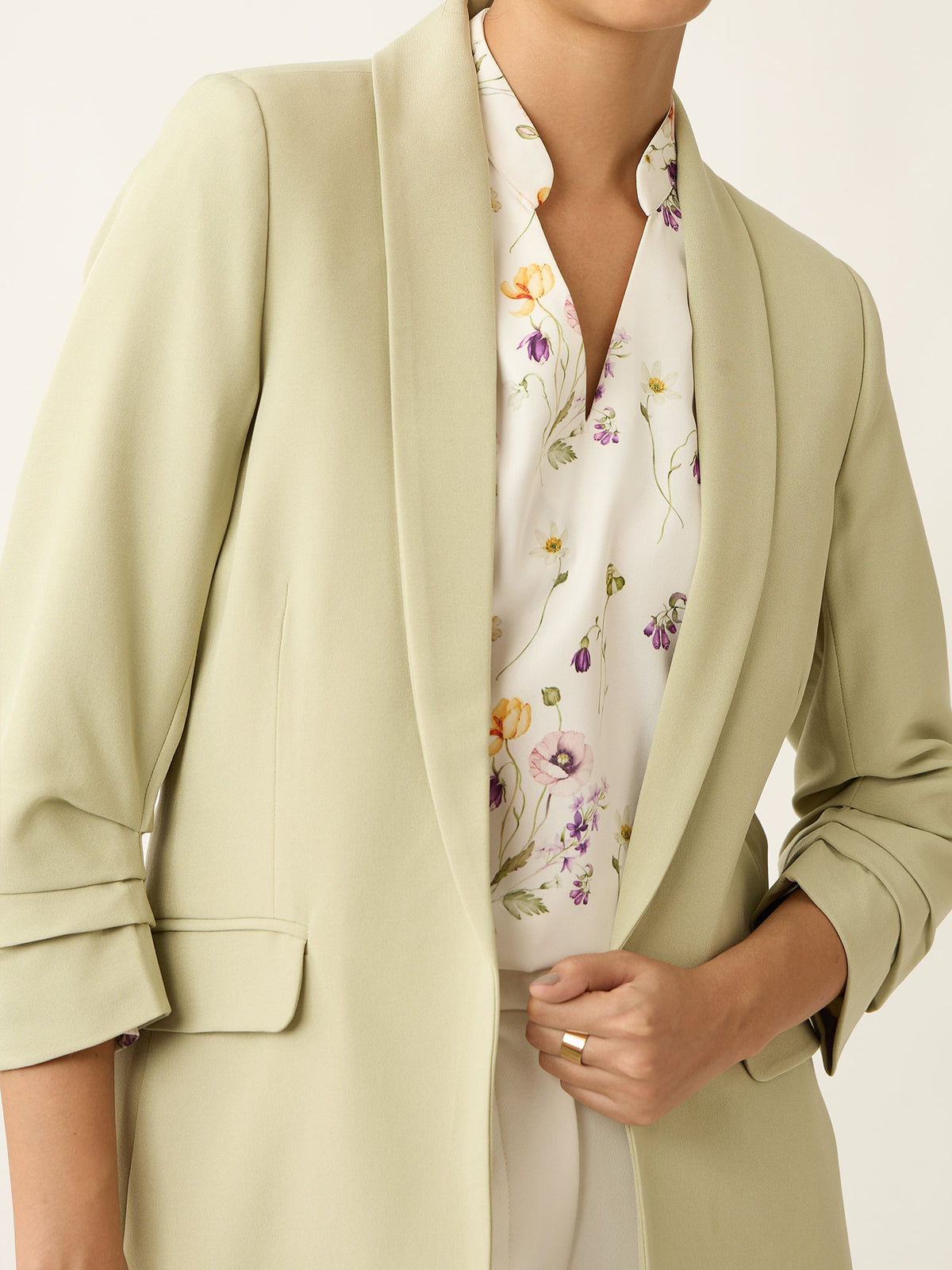 Spunky Ruched Sleeve Blazer-Mint Green