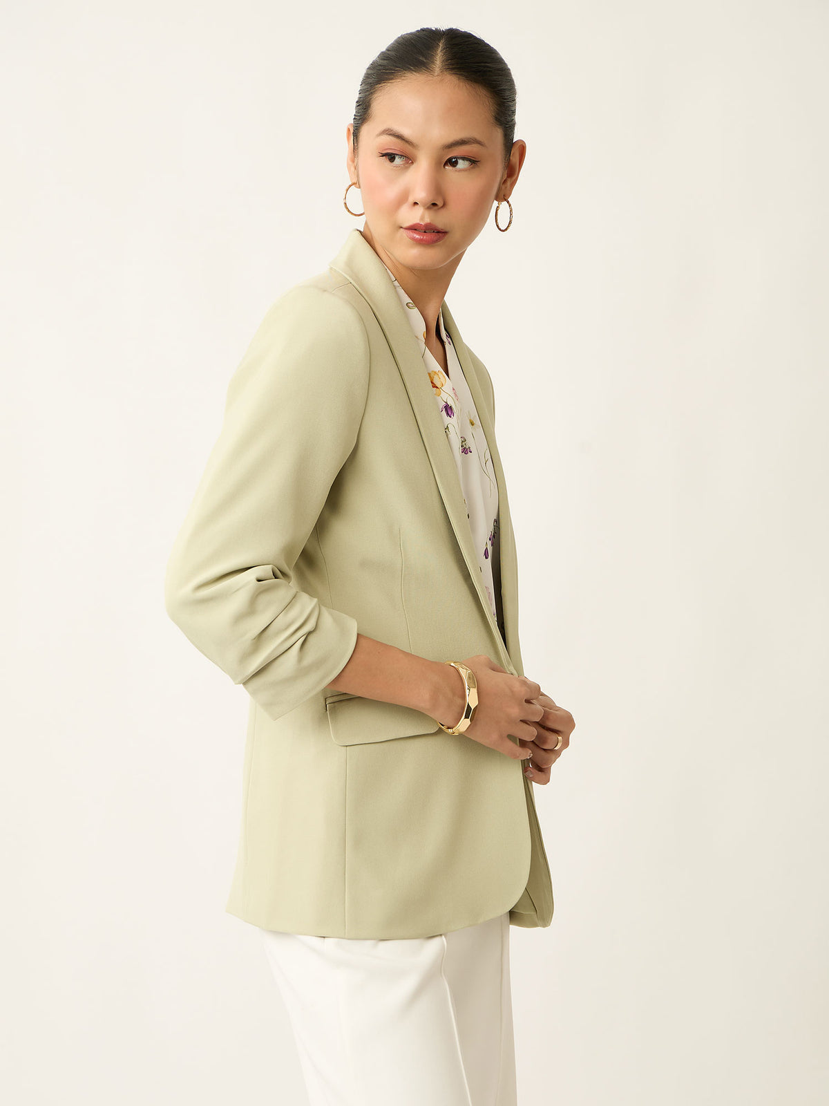 Spunky Ruched Sleeve Blazer-Mint Green