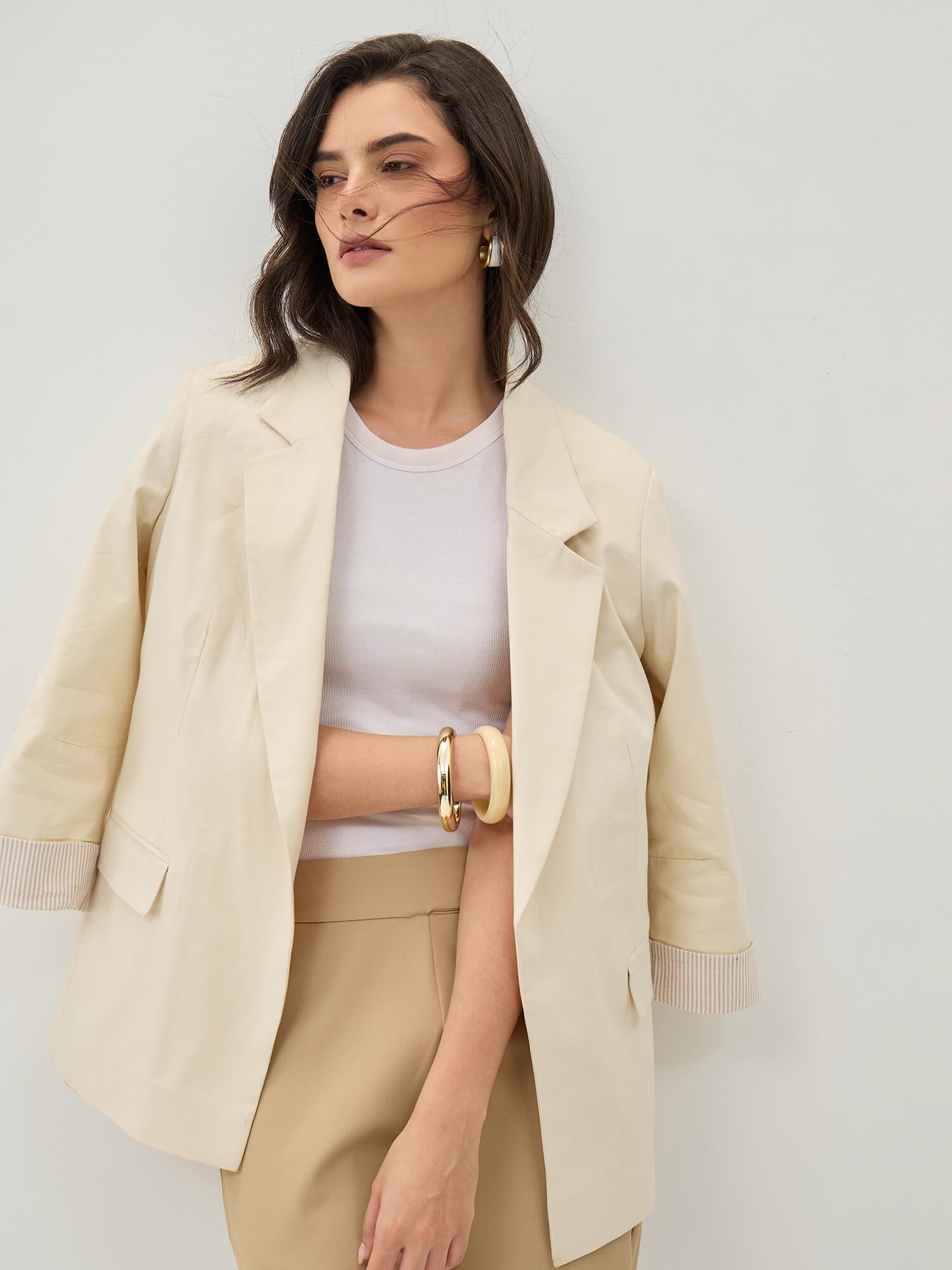 Zephyr Rolled Up Sleeves Blazer-Beige - SALT Attire