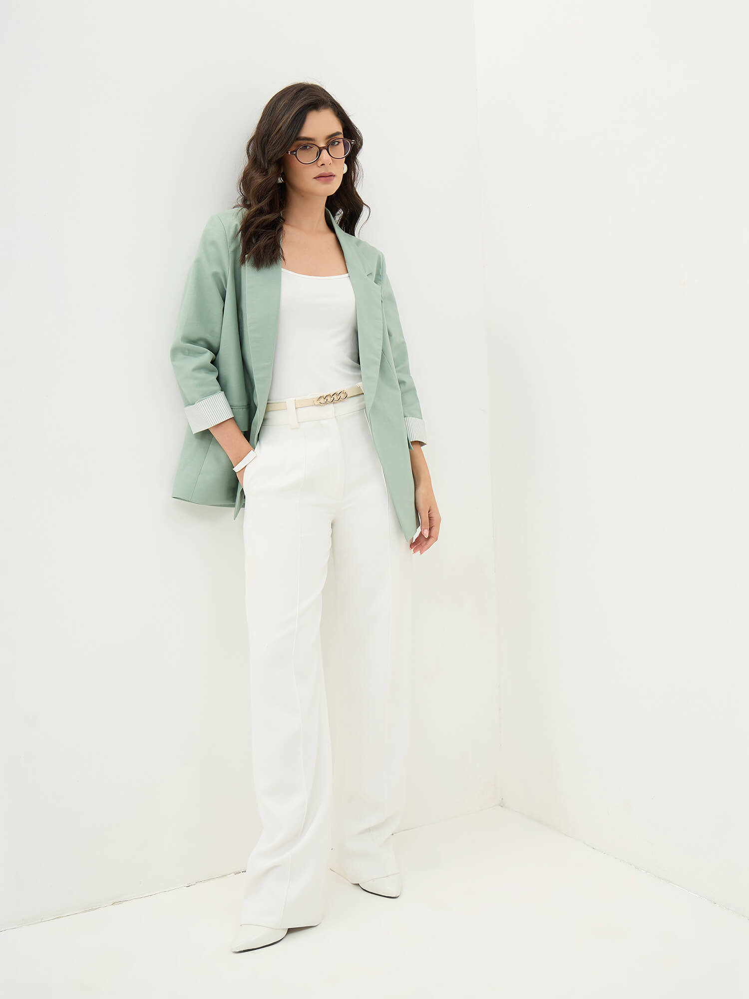 Zephyr Rolled Up Sleeves Blazer-Sage Green