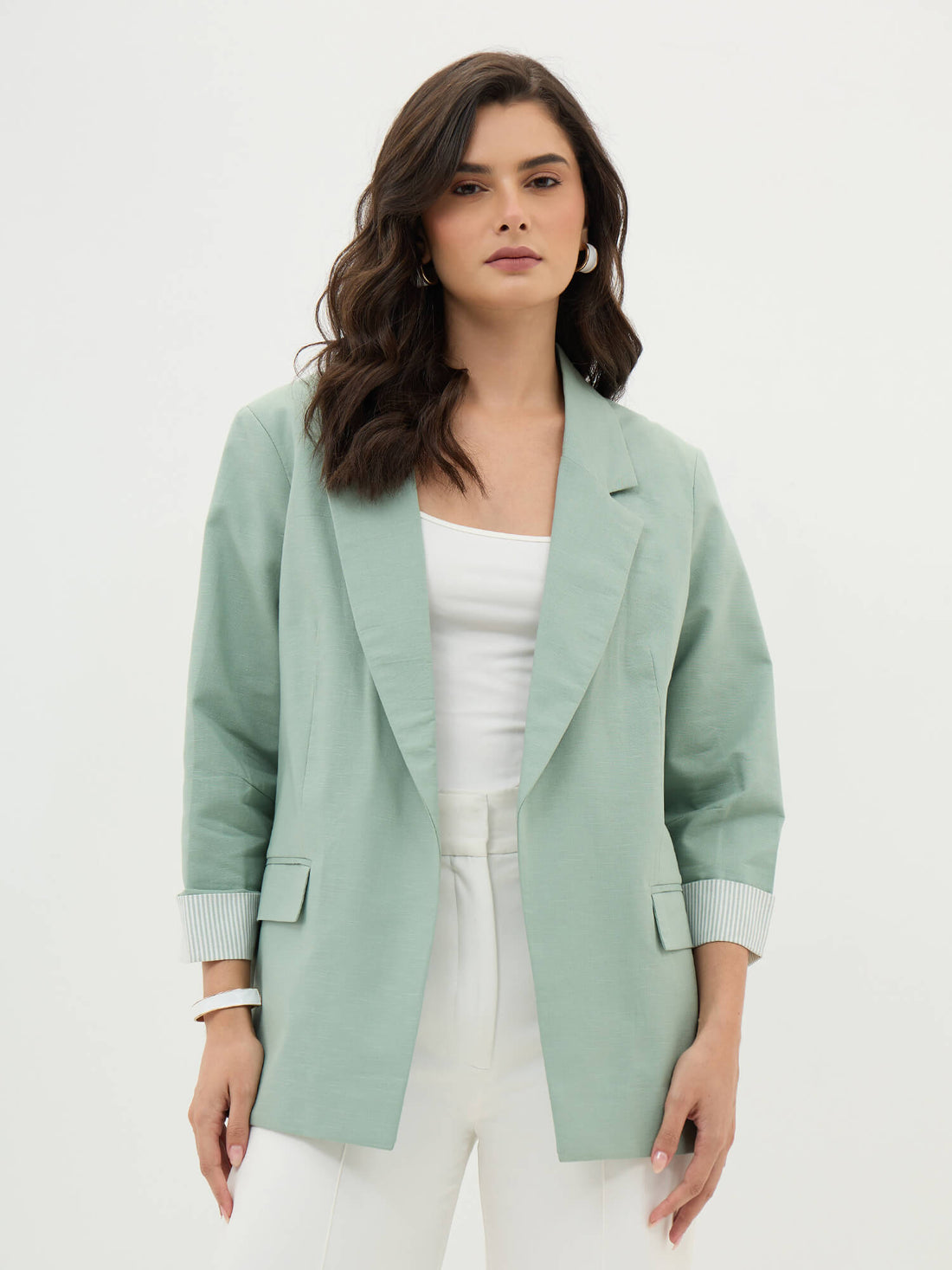 Zephyr Rolled Up Sleeves Blazer-Sage Green - SALT Attire