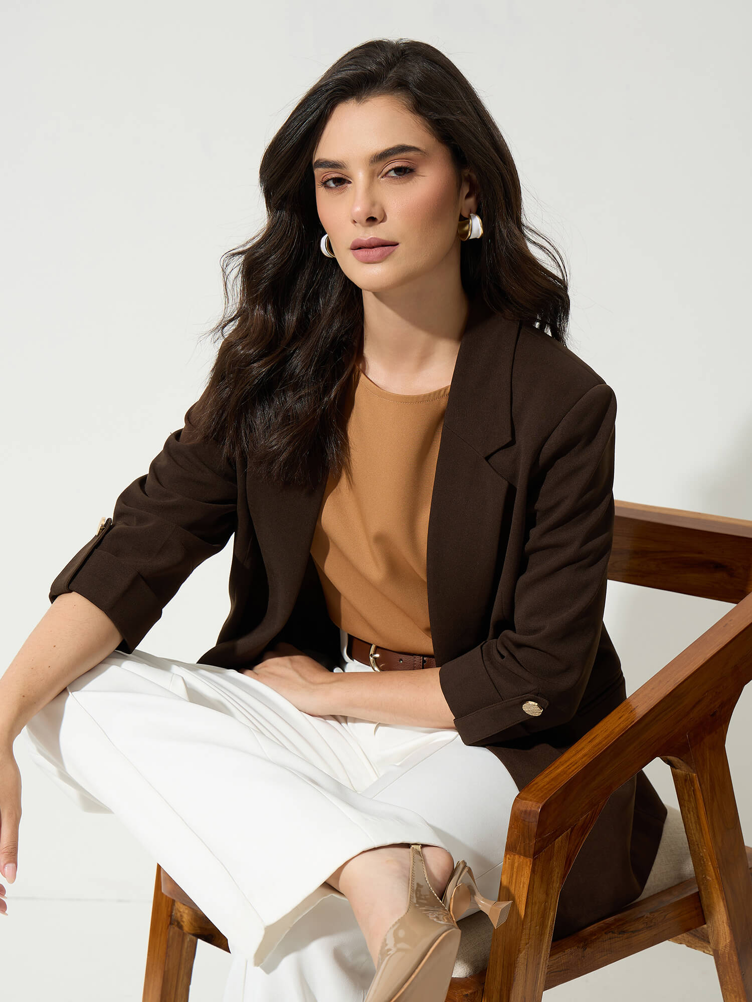 Ecuador Rolled-Up Sleeves Blazer-Chocolate Brown