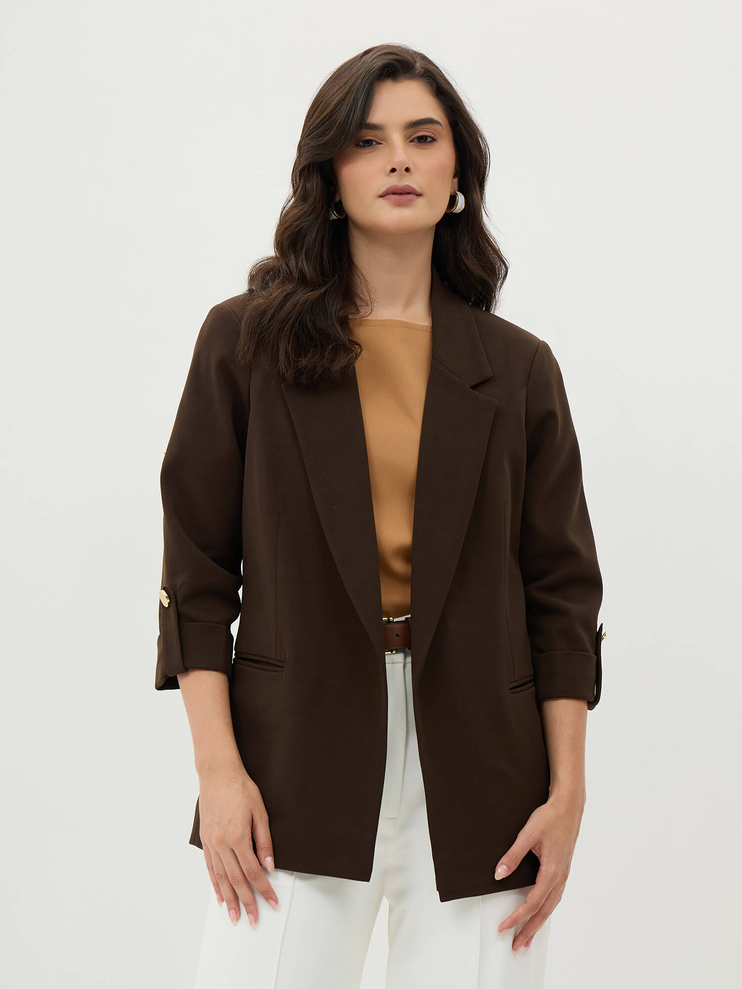 Ecuador Rolled-Up Sleeves Blazer-Chocolate Brown