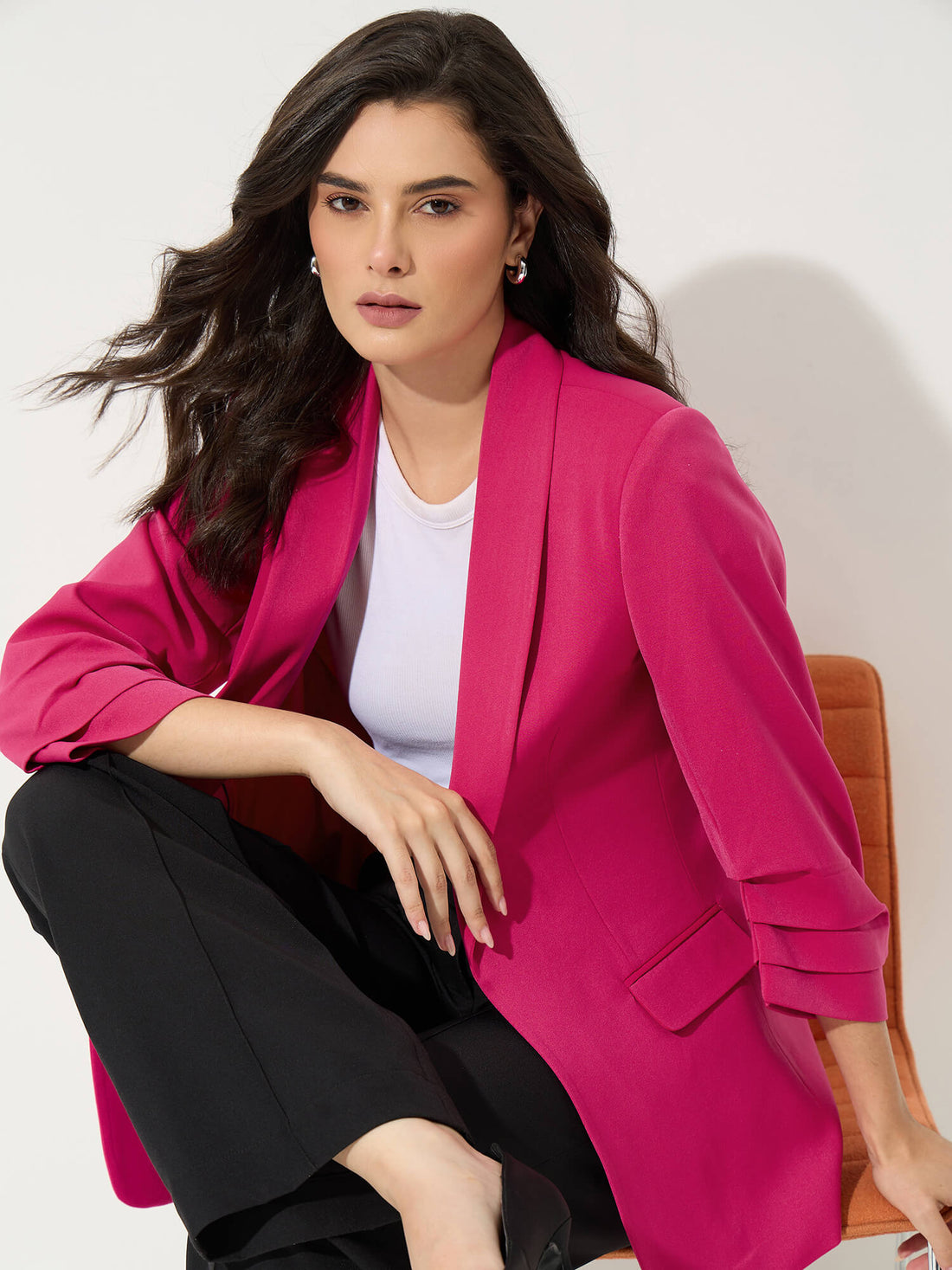 Spunky Ruched Sleeve Blazer- Pink - SALT Attire