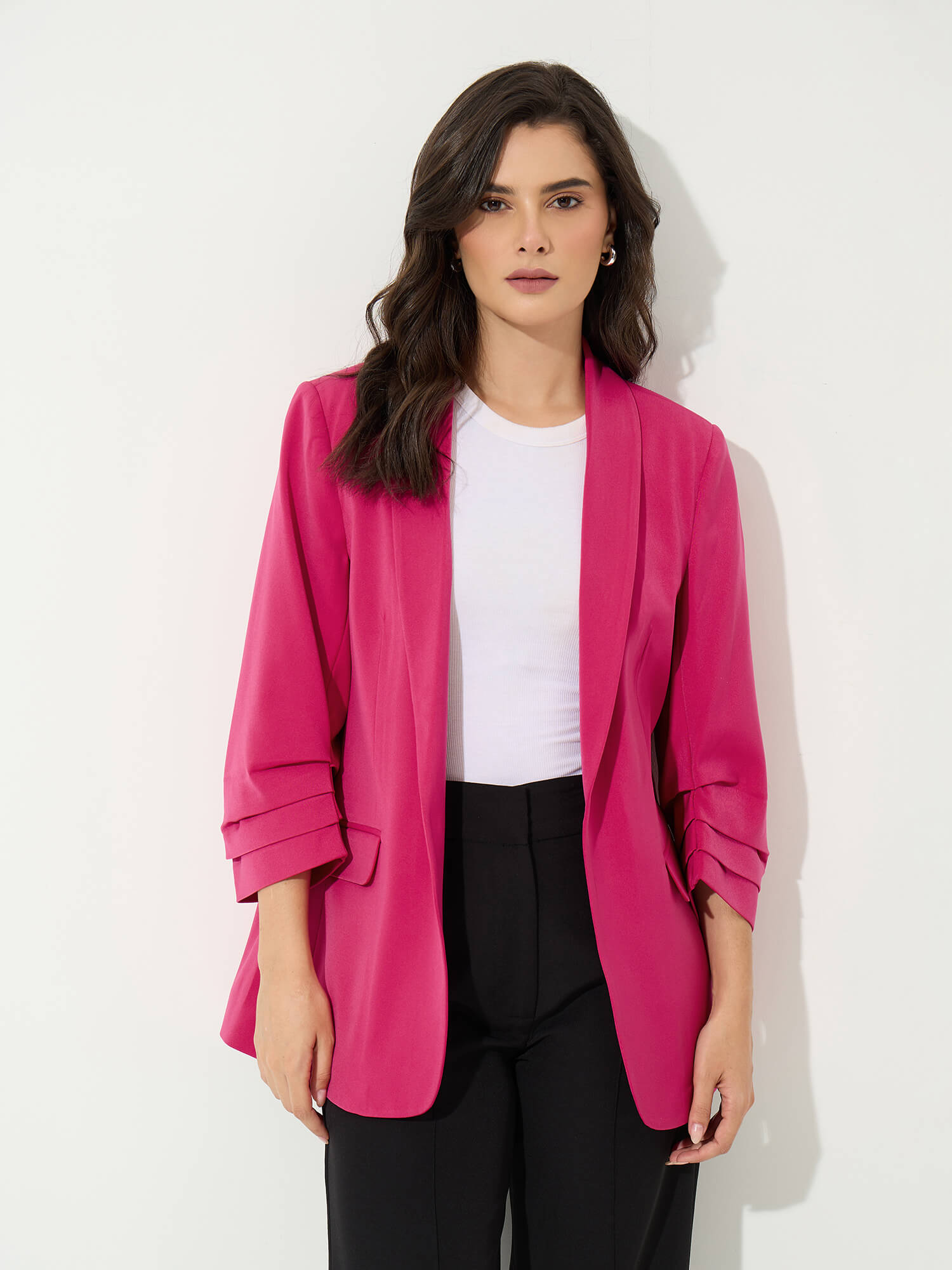 Spunky Ruched Sleeve Blazer- Pink - SALT Attire