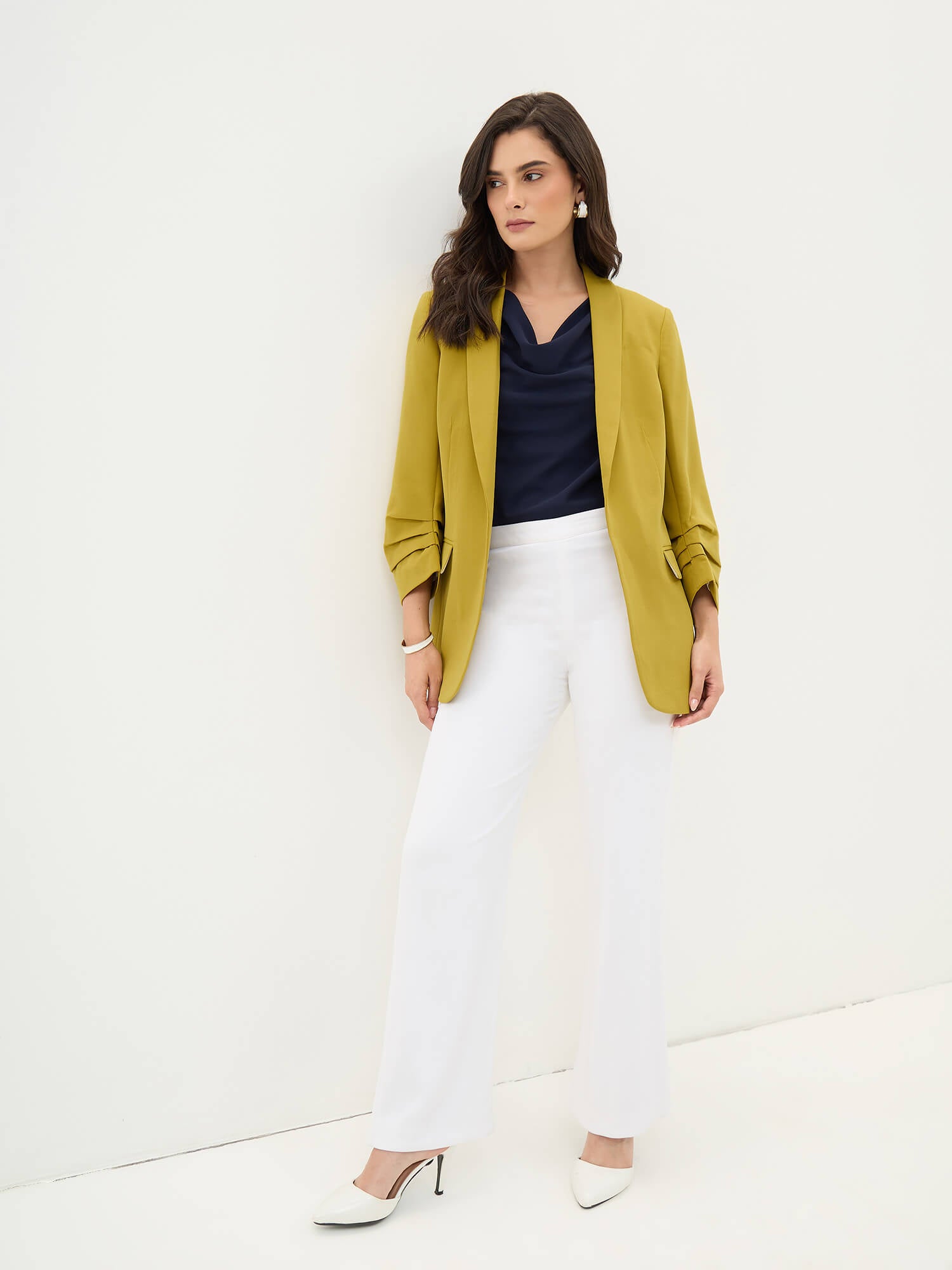 Spunky Ruched Sleeve Blazer-Lime Punch
