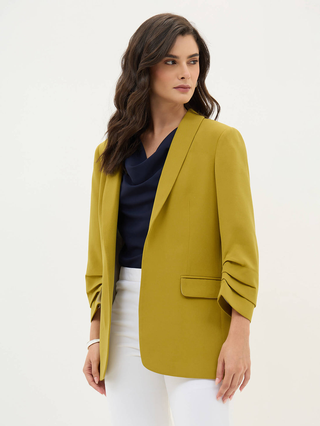 Spunky Ruched Sleeve Blazer-Lime Punch - SALT Attire
