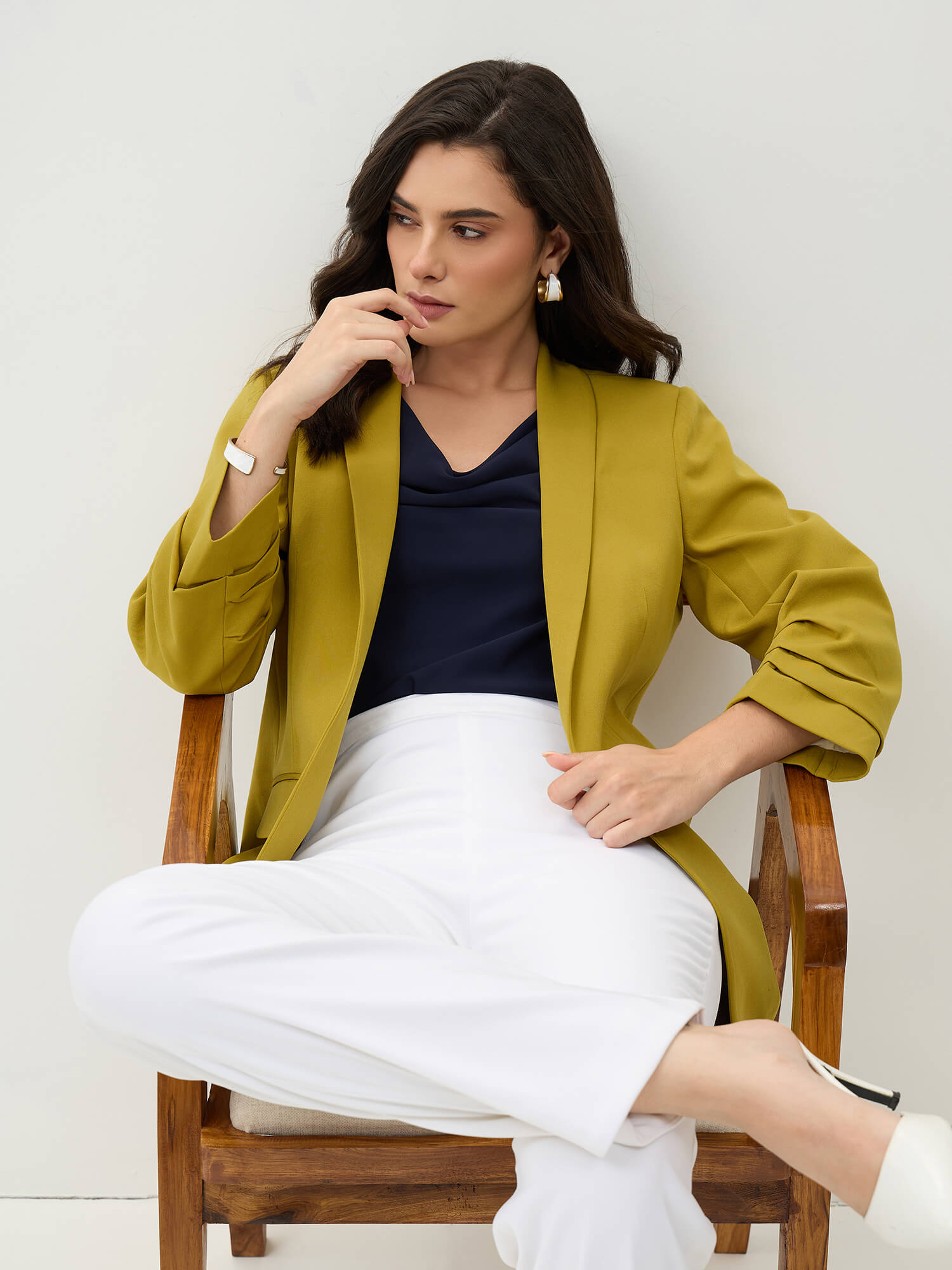 Spunky Ruched Sleeve Blazer-Lime Punch - SALT Attire