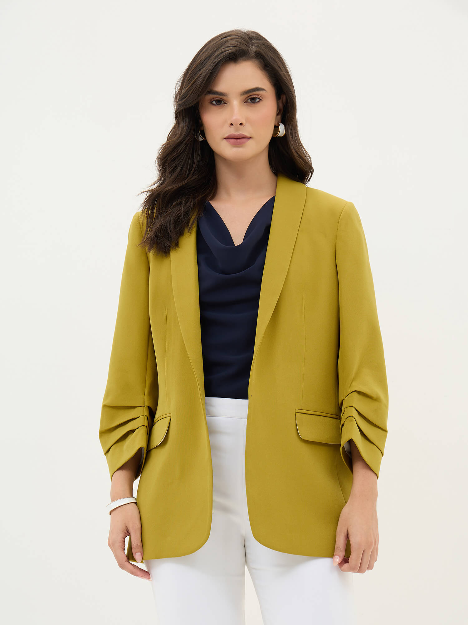 Spunky Ruched Sleeve Blazer-Lime Punch - SALT Attire