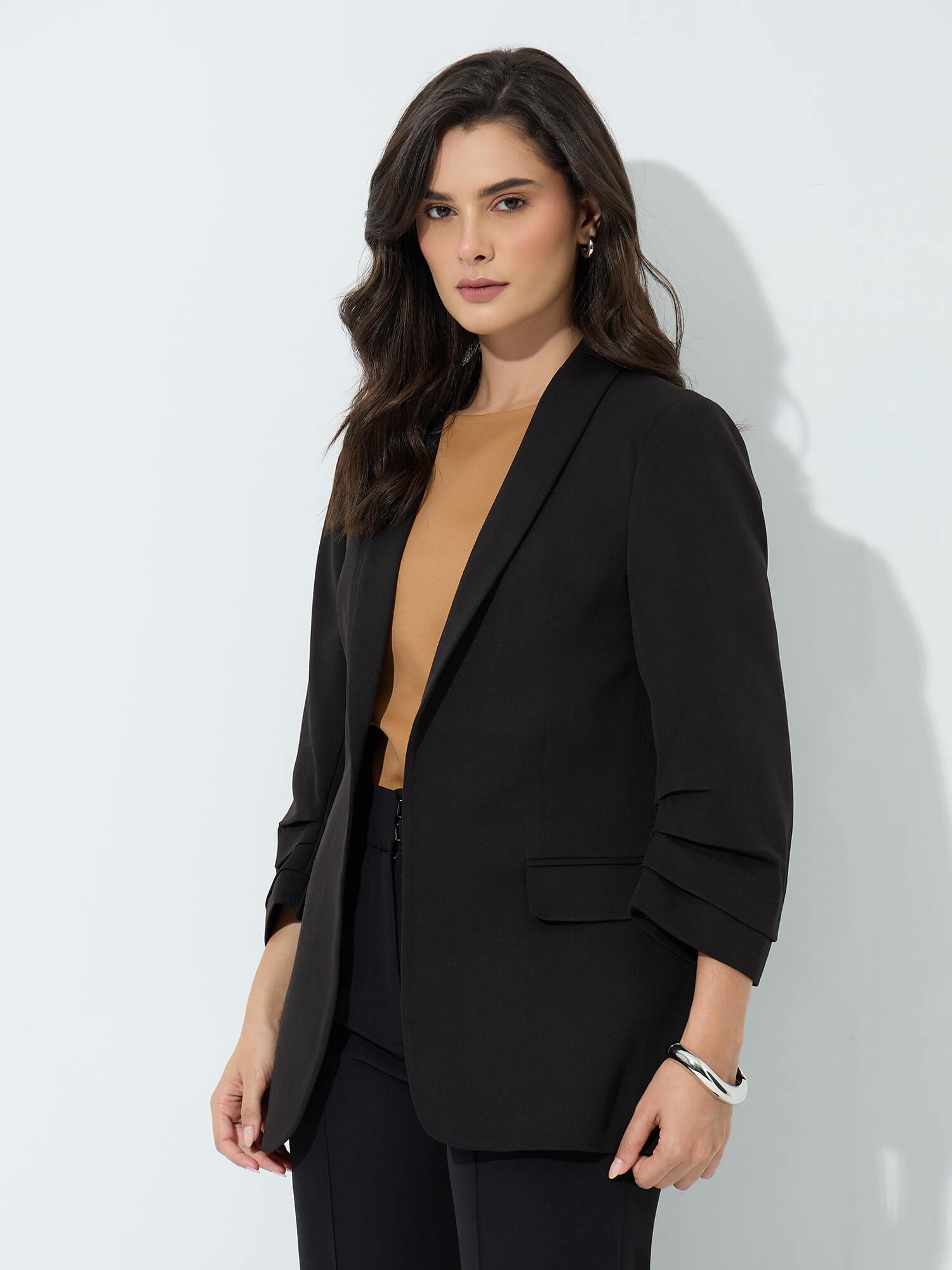 Spunky Ruched Sleeve Blazer-Black - SALT Attire
