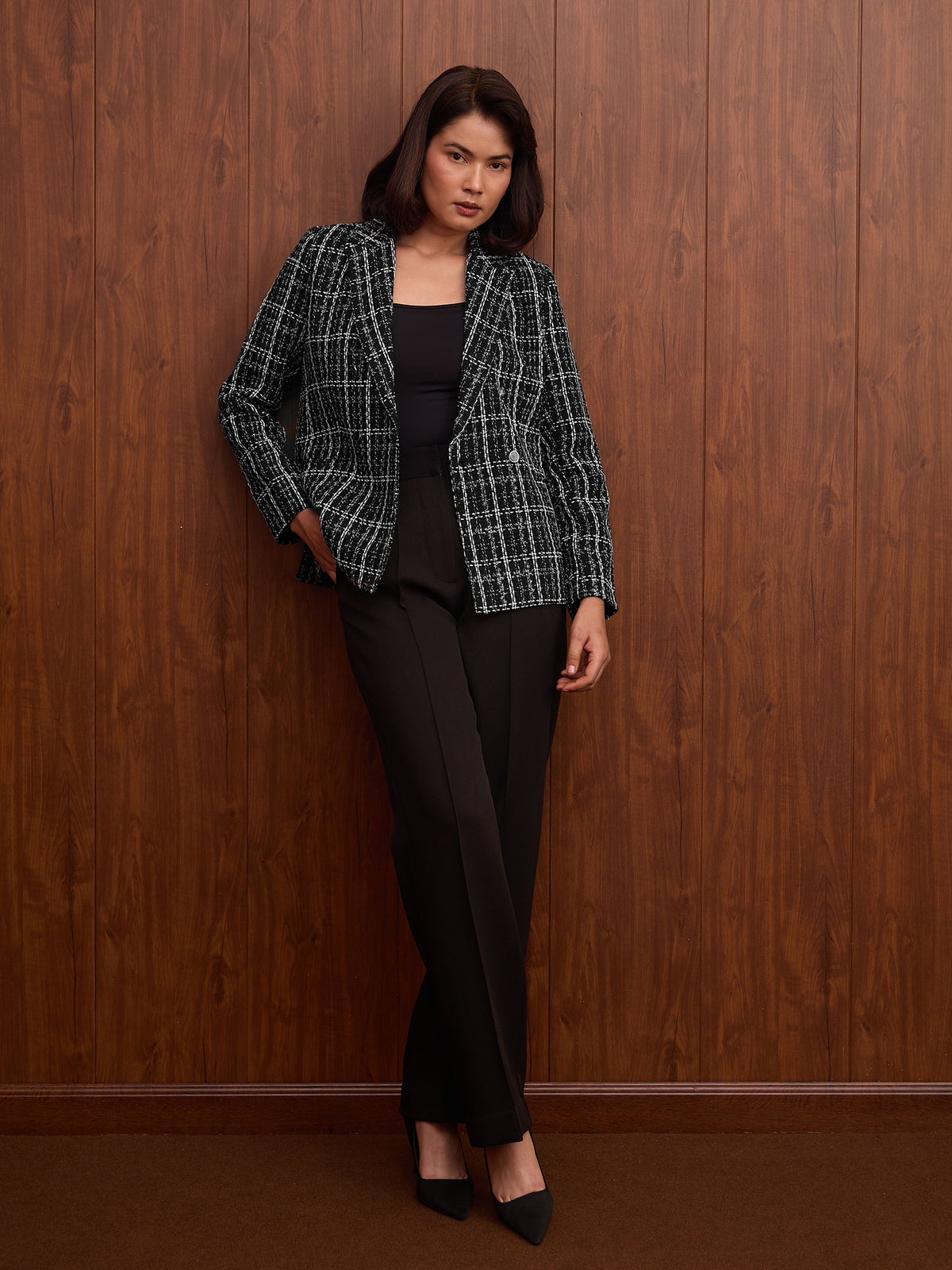 Valora Double Breasted Tweed Blazer-Black