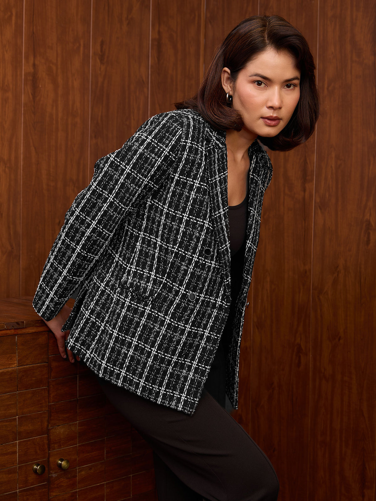 Valora Double Breasted Tweed Blazer-Black