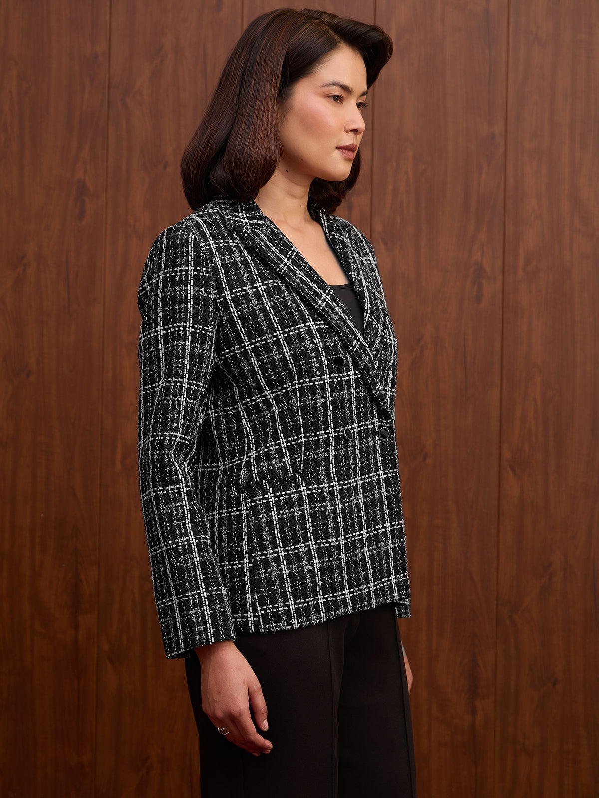 Valora Double Breasted Tweed Blazer-Black