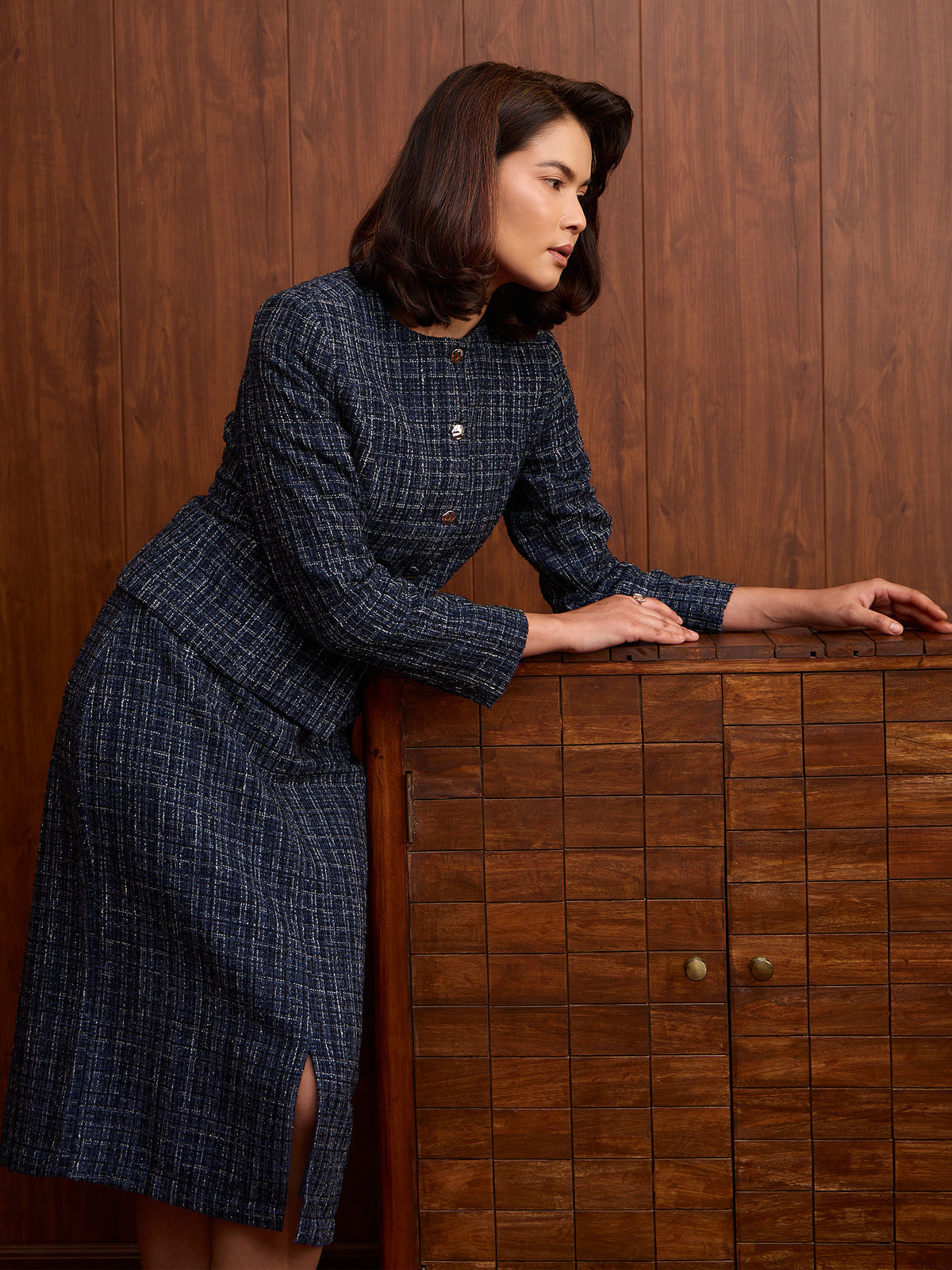 Elara Waist Flap Slim Fit Tweed Blazer-Navy