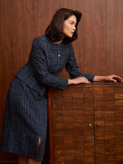 Elara Waist Flap Slim Fit Tweed Blazer-Navy